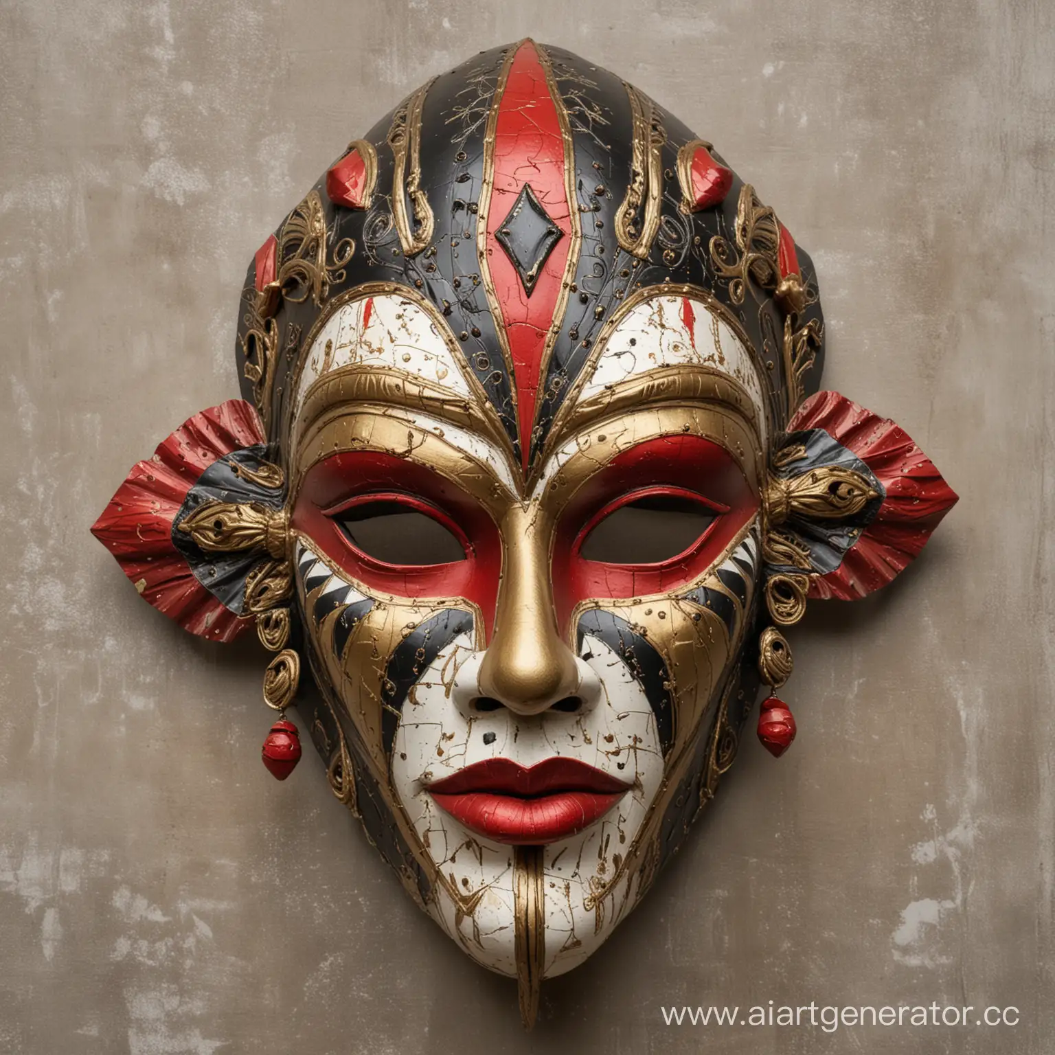 Интерьерная декоративная маска Арлекин, аутентичная, символичная, симметричная, сложно выполненная, со множеством деталей и фактур. Выполнена в черном, золотом, красном, белом цвете.
