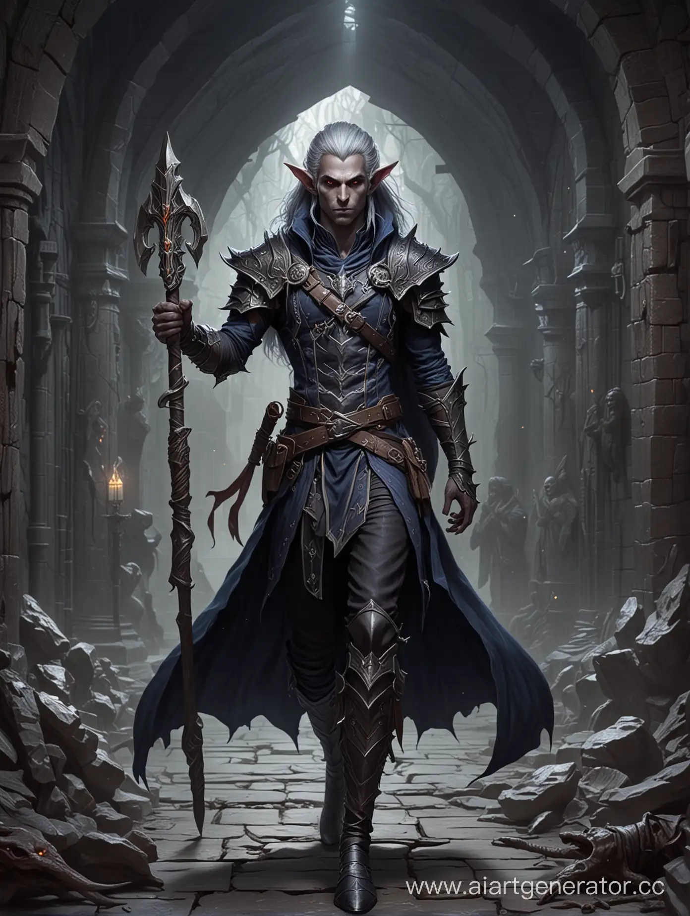 Fantasy-Mythology-Illustration-Dark-Elf-Mage-Summoning-Magic-in-Dungeon-and-Dragons-Setting