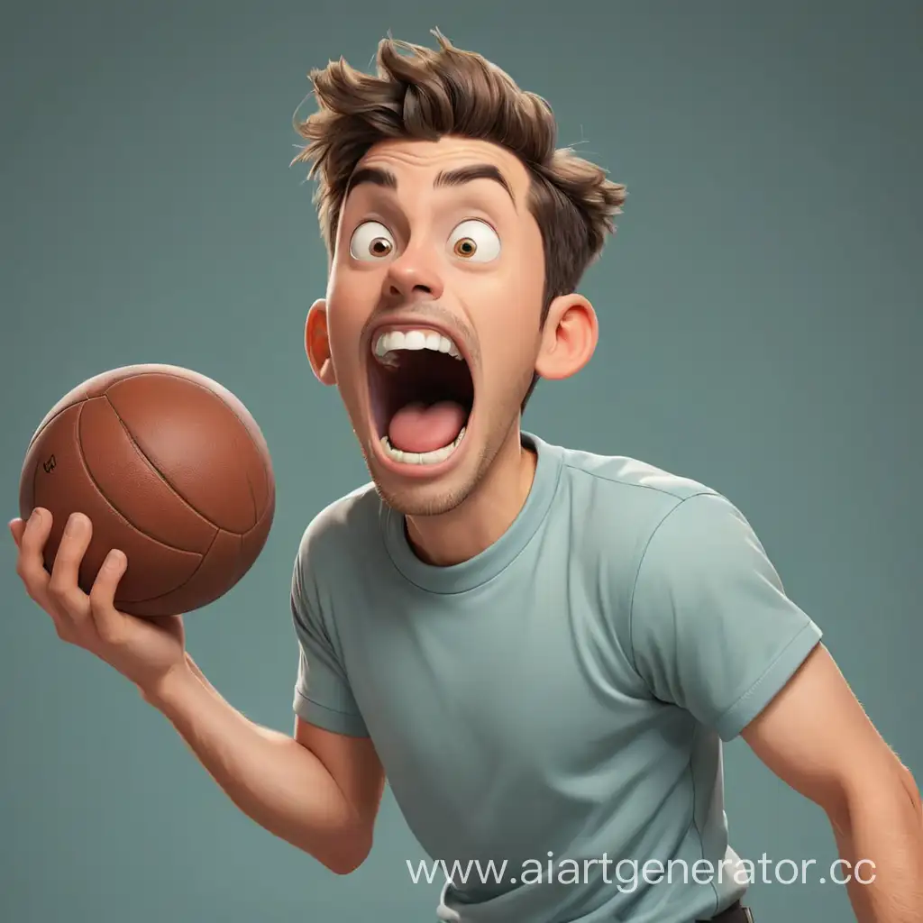 мультяшный парень с открытым ртом ловит  мяч