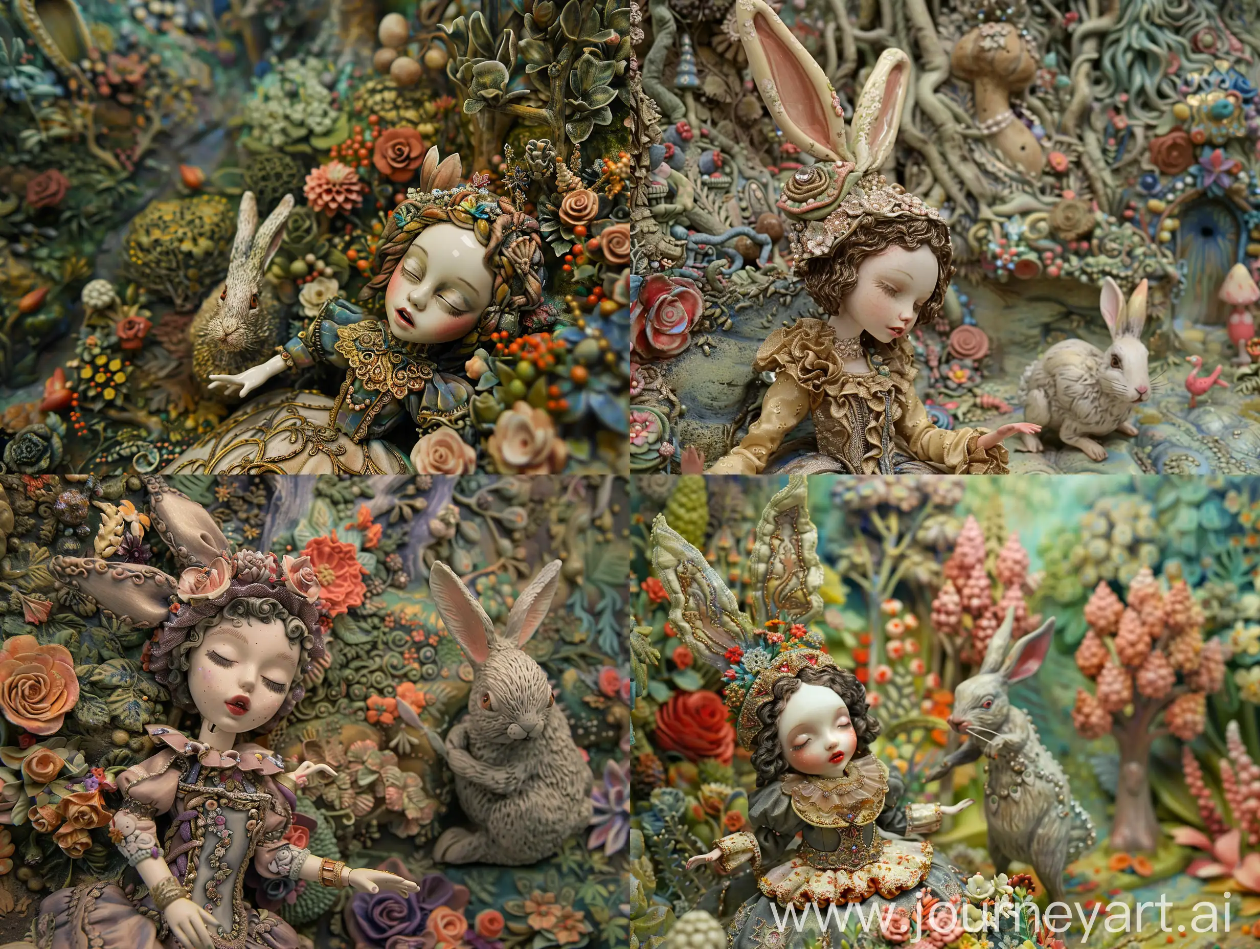 A ceramic art doll in the shape of a fairy tale. In the story, girl in a boudoir in the Baroque style, expensive - rich, intricate, complex, interesting, extravagant, splendor of decoration, luxury. a girl is wearing noble princess costume, noble princess nightcap, She suffers from sleepwalking. She closes her eyes, stretches her hands, and walks aimlessly in the boudoir. The style is inspired by Laurel Burch and Eric Carle. A curious giant rabbit is next to the girl, looking at her with interest. The forest is wide and colorful, with different kinds of trees and flowers. The angle is changed to show a high-angle shot of the scene, with the girl and the rabbit looking small and vulnerable in the vast forest. 8k
