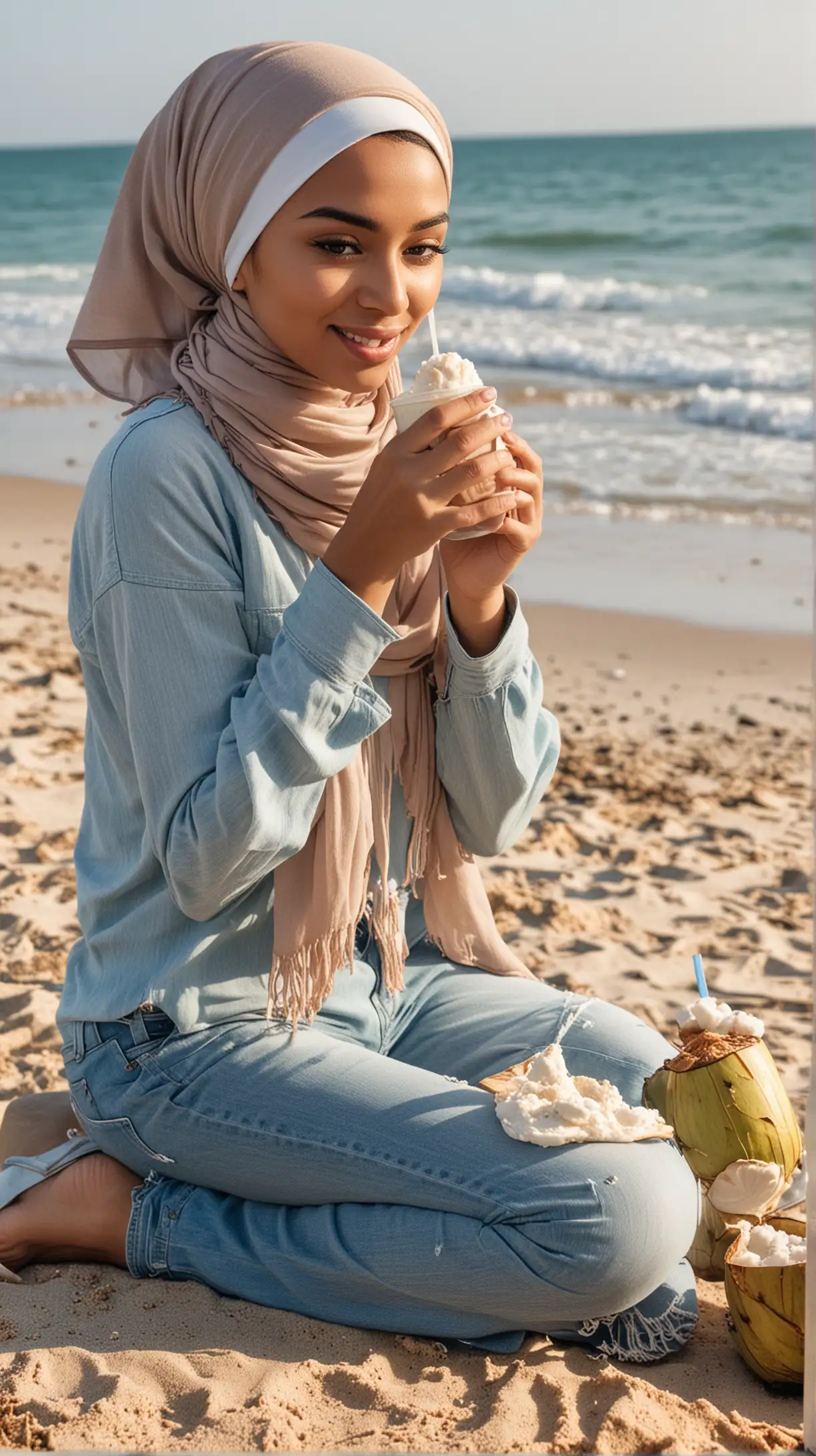 Seorang perempuan cantik bercelna jeans memakai hijab duduk ditepi pantai sambil.minum es kelapa muda