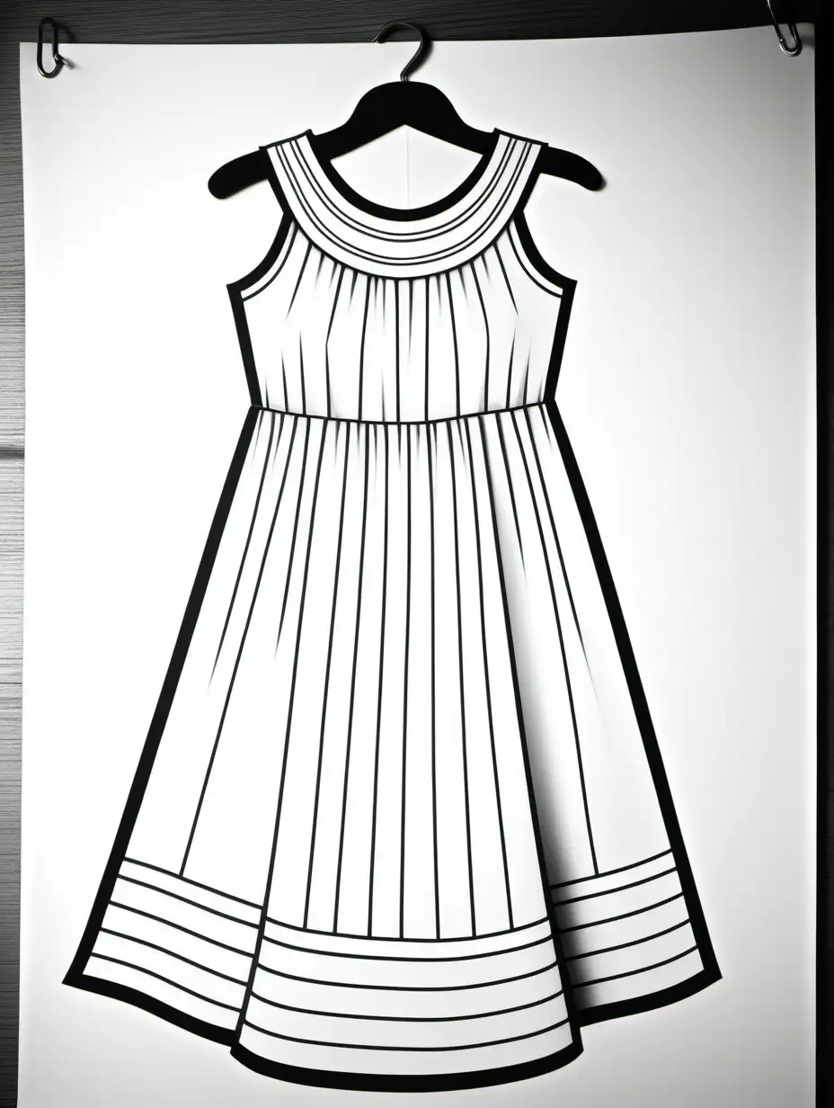 1970's style dress hanging for coloring book, black and white, thick black lines, no person