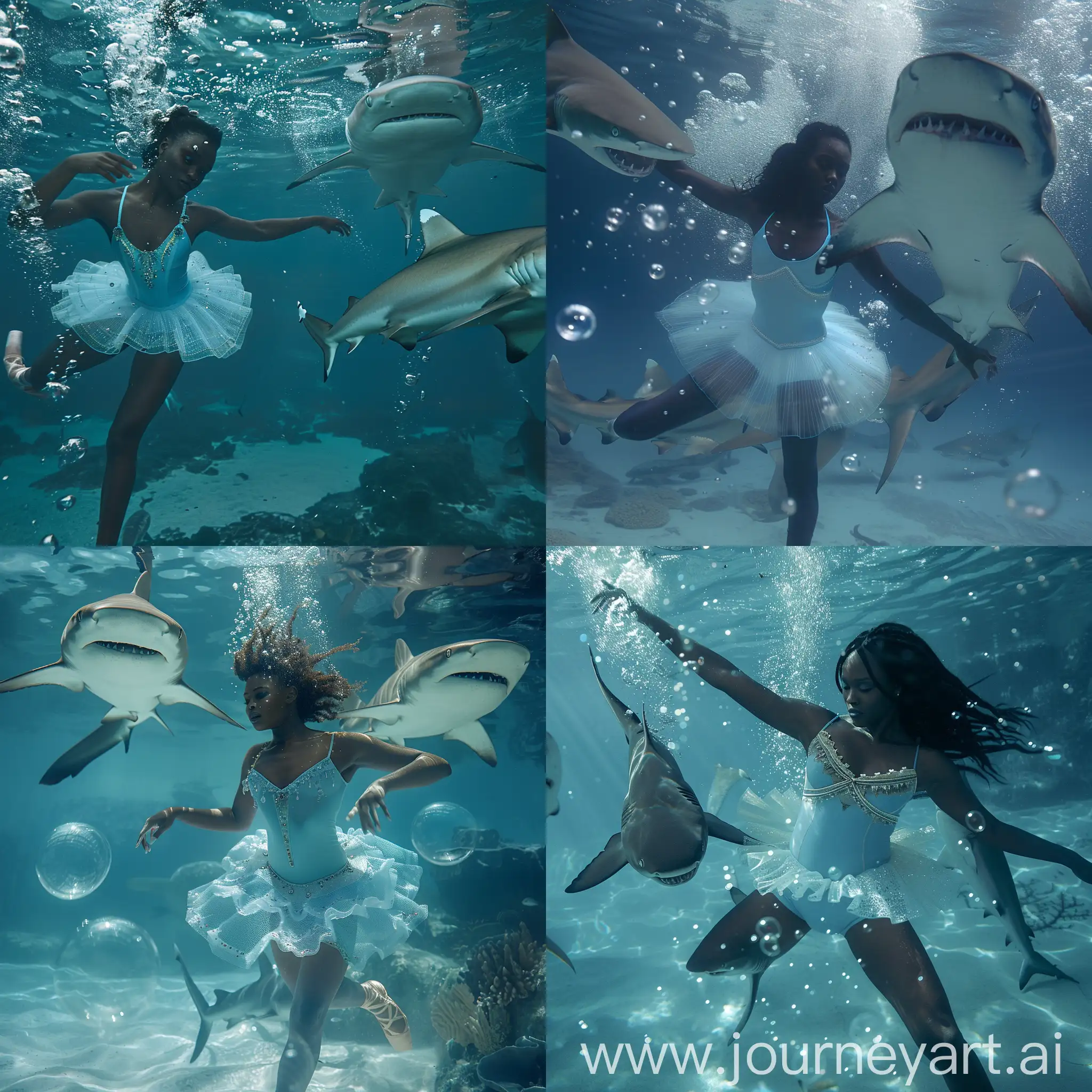 A captivating cinematic image of a black ballet dancer underwater in a baby-blue ballet outfit dancing, a few large bubbles, and two large sharks swimming next to her