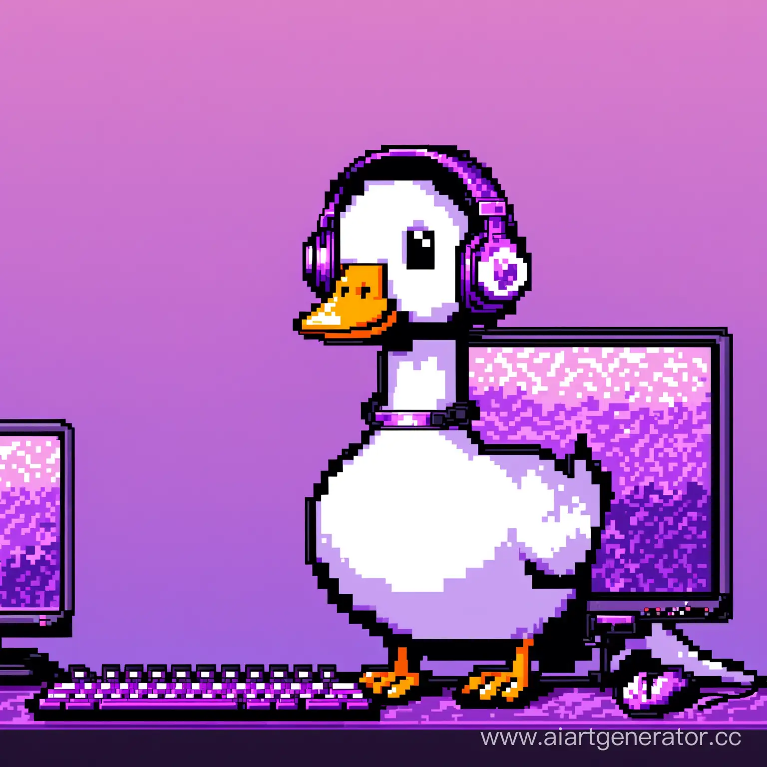 cartoon goose, sitting at the computer. a gamer. wearing headphones. the background is in purple tones. pixel art