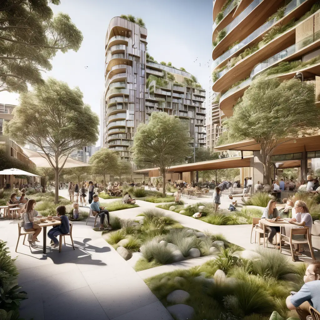 New city Green Square for 30,000 dwellings mixed use parklands generous tree canopy outdoor dining with shade with some tall buildings. Metro Station entry. Some children skipping and playing. Small creek. Sandstone boulders. Early morning. Parrot in tree. Roof garden.