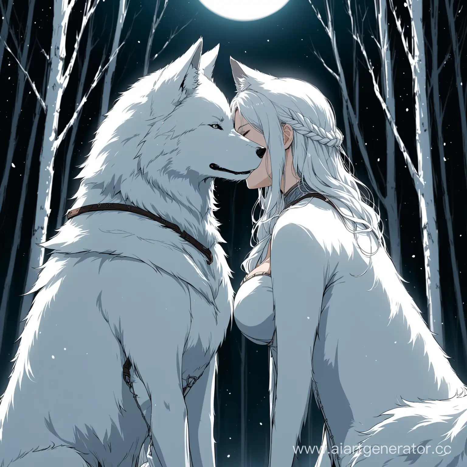 Белый волк и белая волчица жмутся стоя друг к другу
