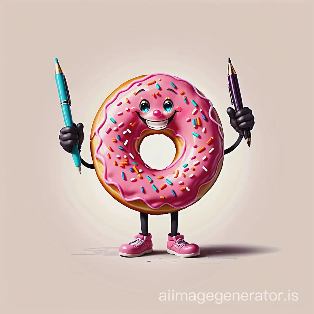 donut with a pen smiling and ckecking hands not realistic just a design for shirt
