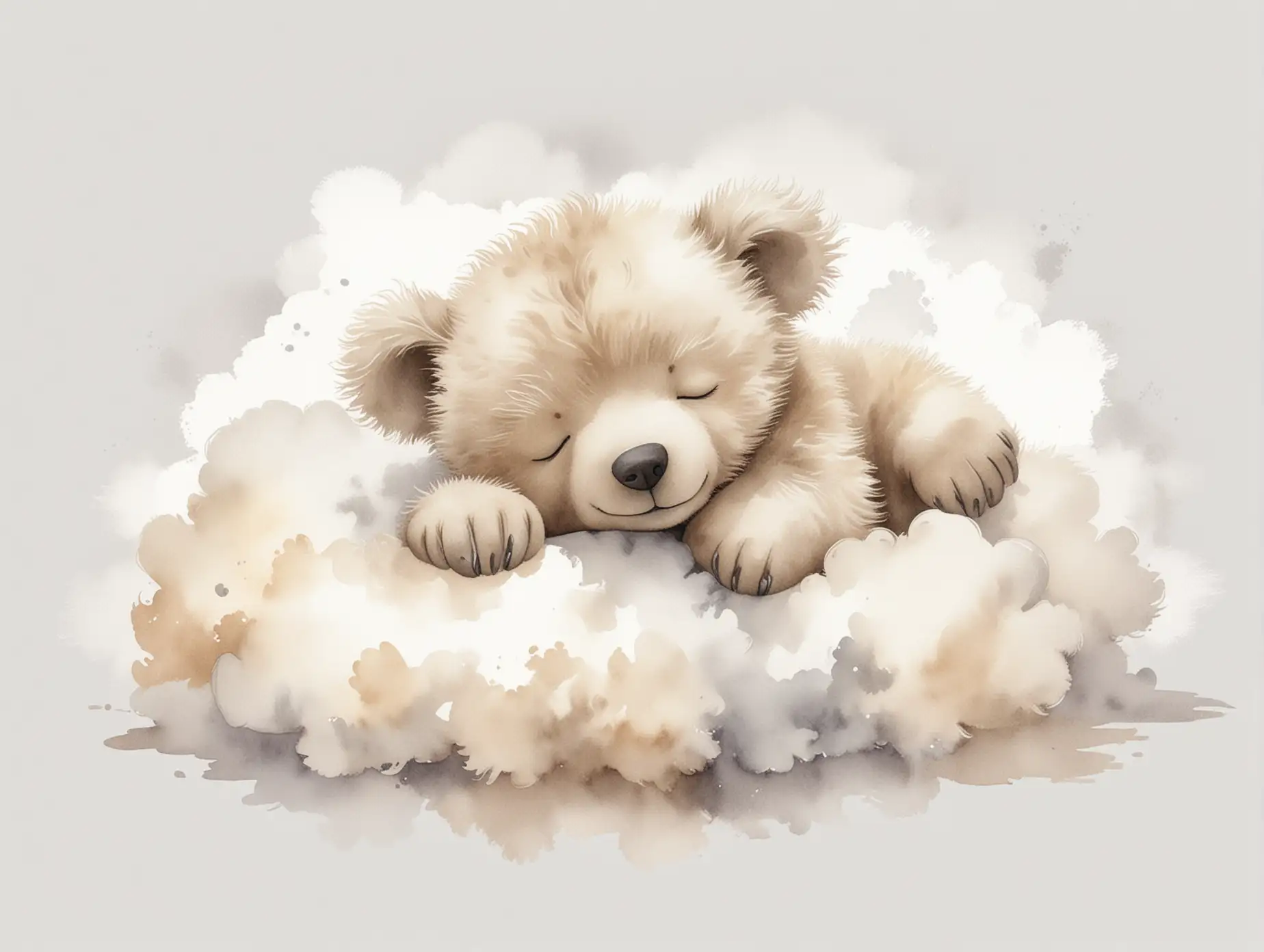 watercolour children's book illustration, muted tones, cute grey-beige baby teddy bear, sleeping with his head on a white fluffy cloud, bum in the air, colours in white, cream, grey-beige, isolated on a solid white background