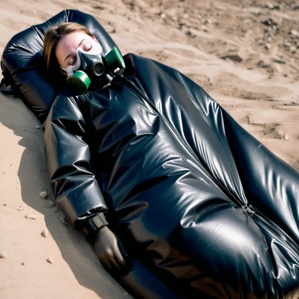 Eine frau in einem aufgeblasenen schwarzen schlafsack aus gummi mit gasmaske