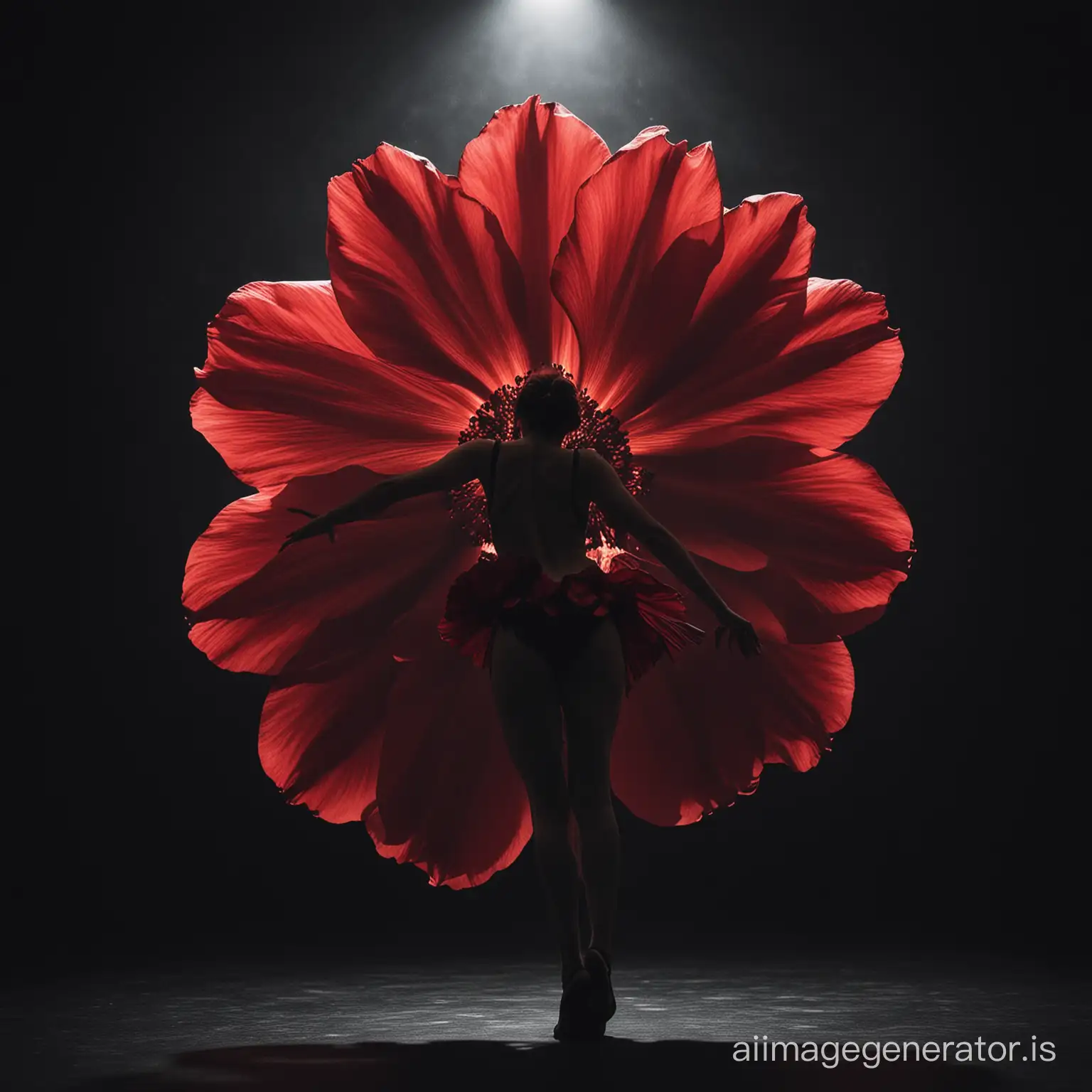 dancer in the dark with Big red flower in her back