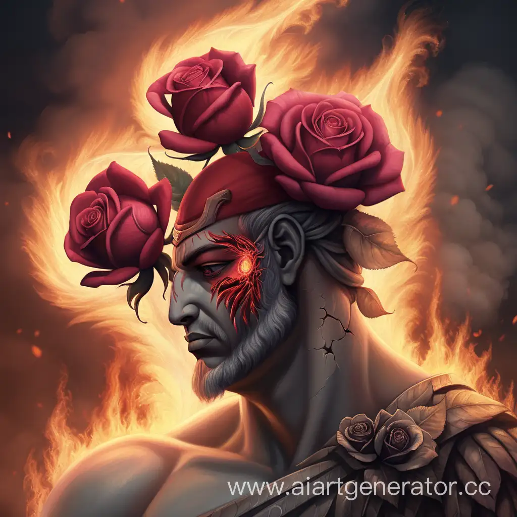 Digital art, God of love, two large rose flowers on his shoulder, one eye, no mouth, a crack in my head from which a magic fire comes