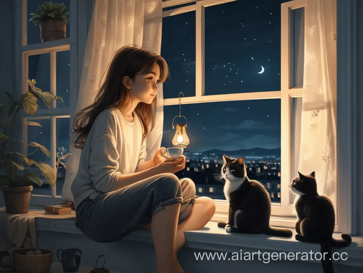 Girl-Drinking-Tea-by-Window-with-Cat-on-Night