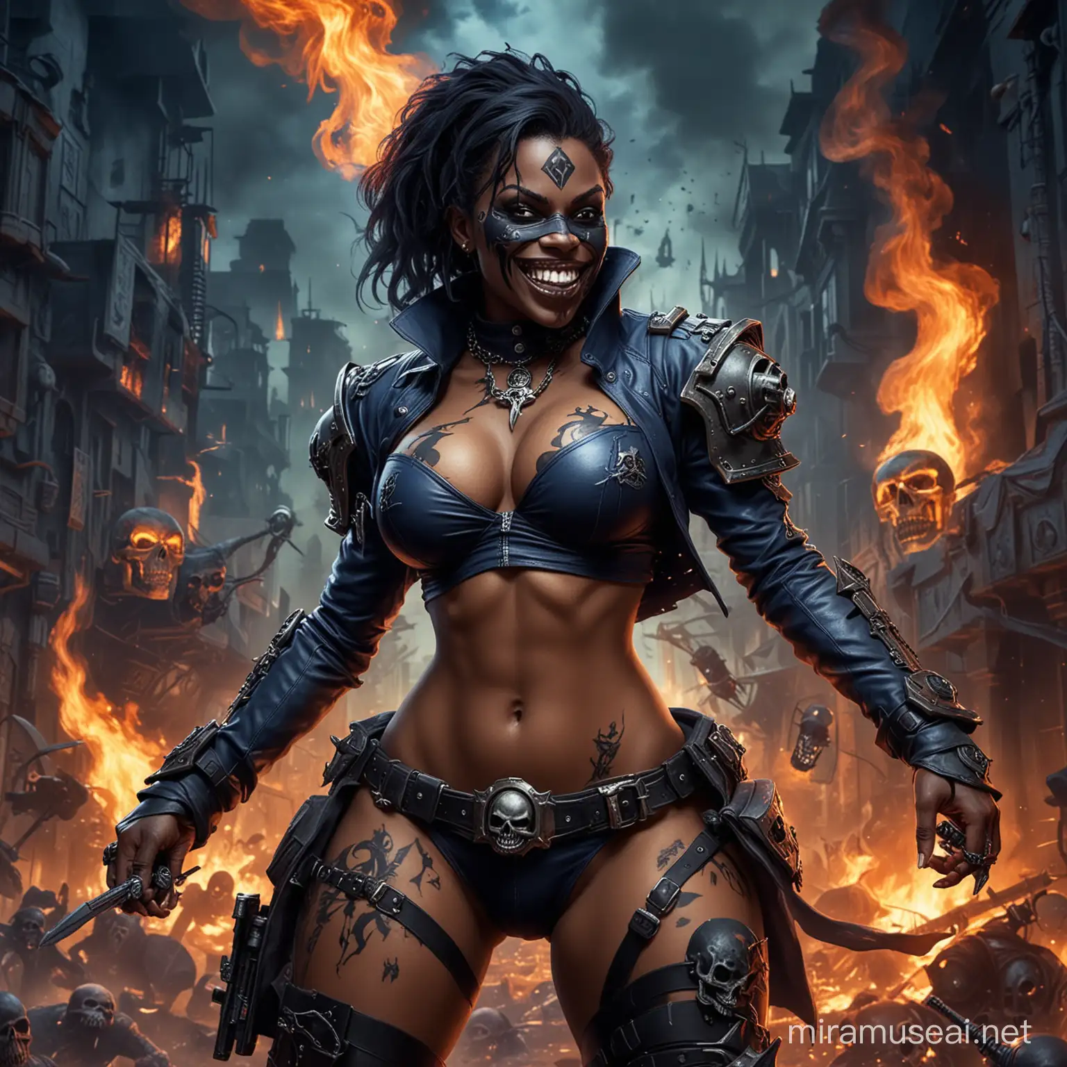 black Female,, sexy, Leader, Warhammer 40k, Cultist, Crazy, Erotic, Burning Background, Chaos Tatoo, Skulls, Mask, crazy, dark blue cloth, blood, crazy smile, Full Body