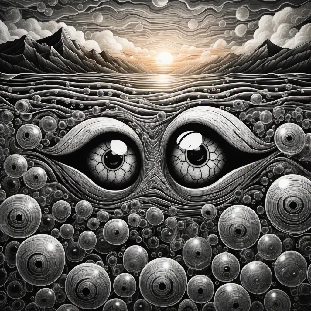 Multi-layered detailed wood grain, black & white, two eyes peeking through bubbles in the ocean with mountains  and sunset in the background