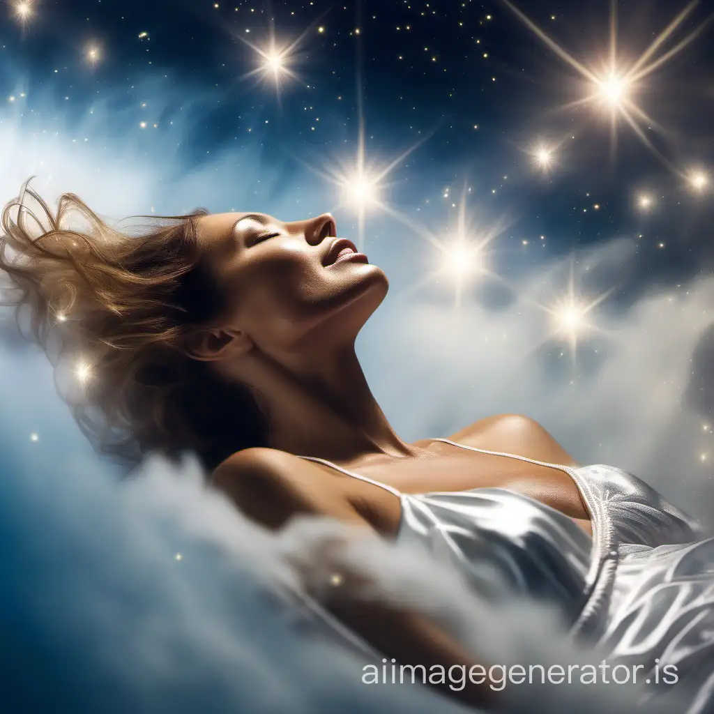 luxurious woman experiencing heavenly pleasure, floating in bliss, close-up