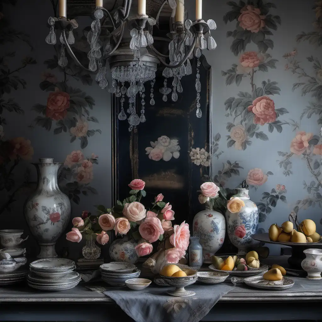 Gray chinoiserie wallpaper, vintage floral vase of faded roses, chipped painted furniture, chinoiserie dishes of fruit on old table, antique chandelier 