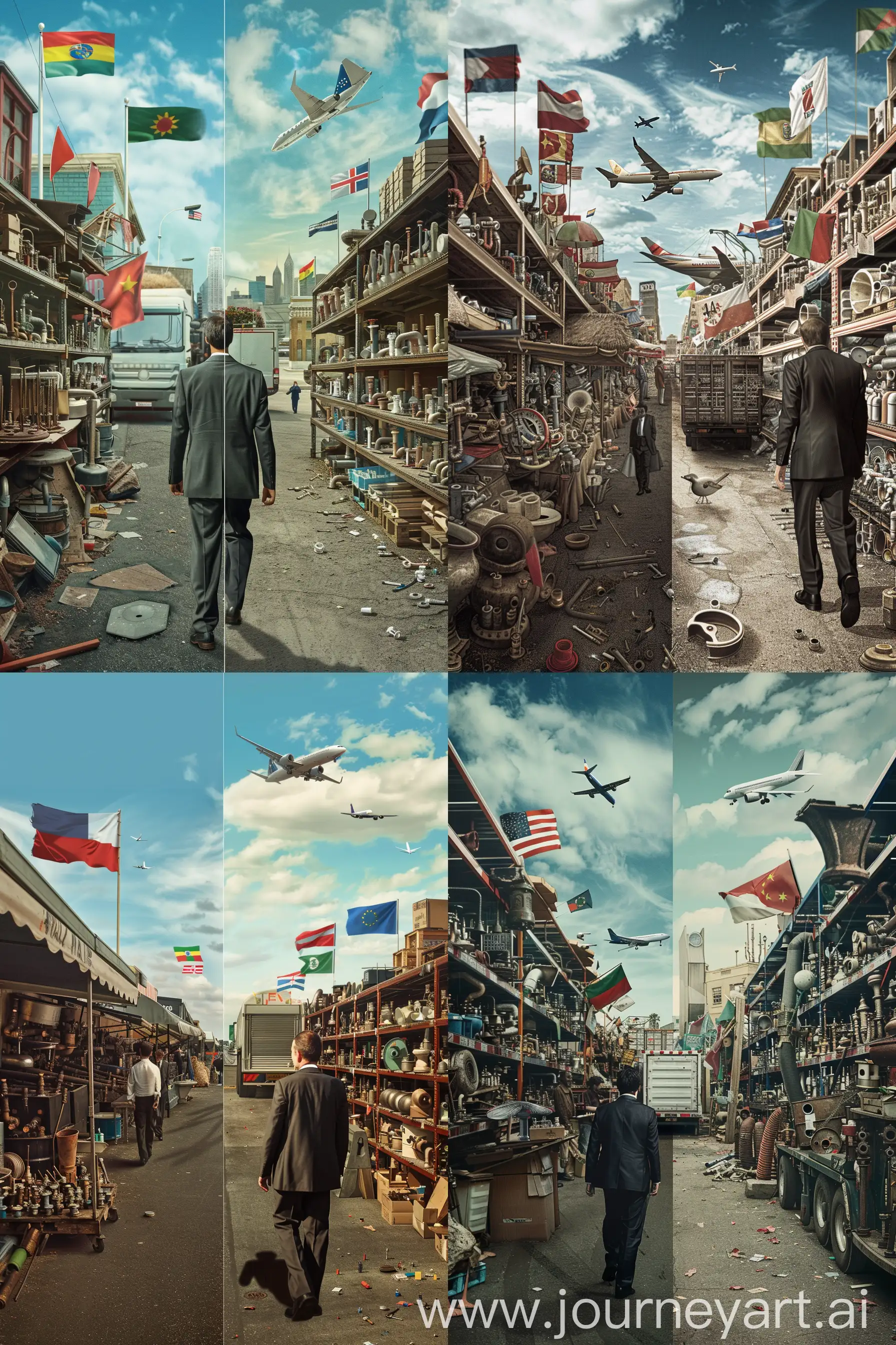 Divergent-Worlds-SuitClad-Man-Amidst-Flea-Market-and-Automated-Plumbing-Paradise