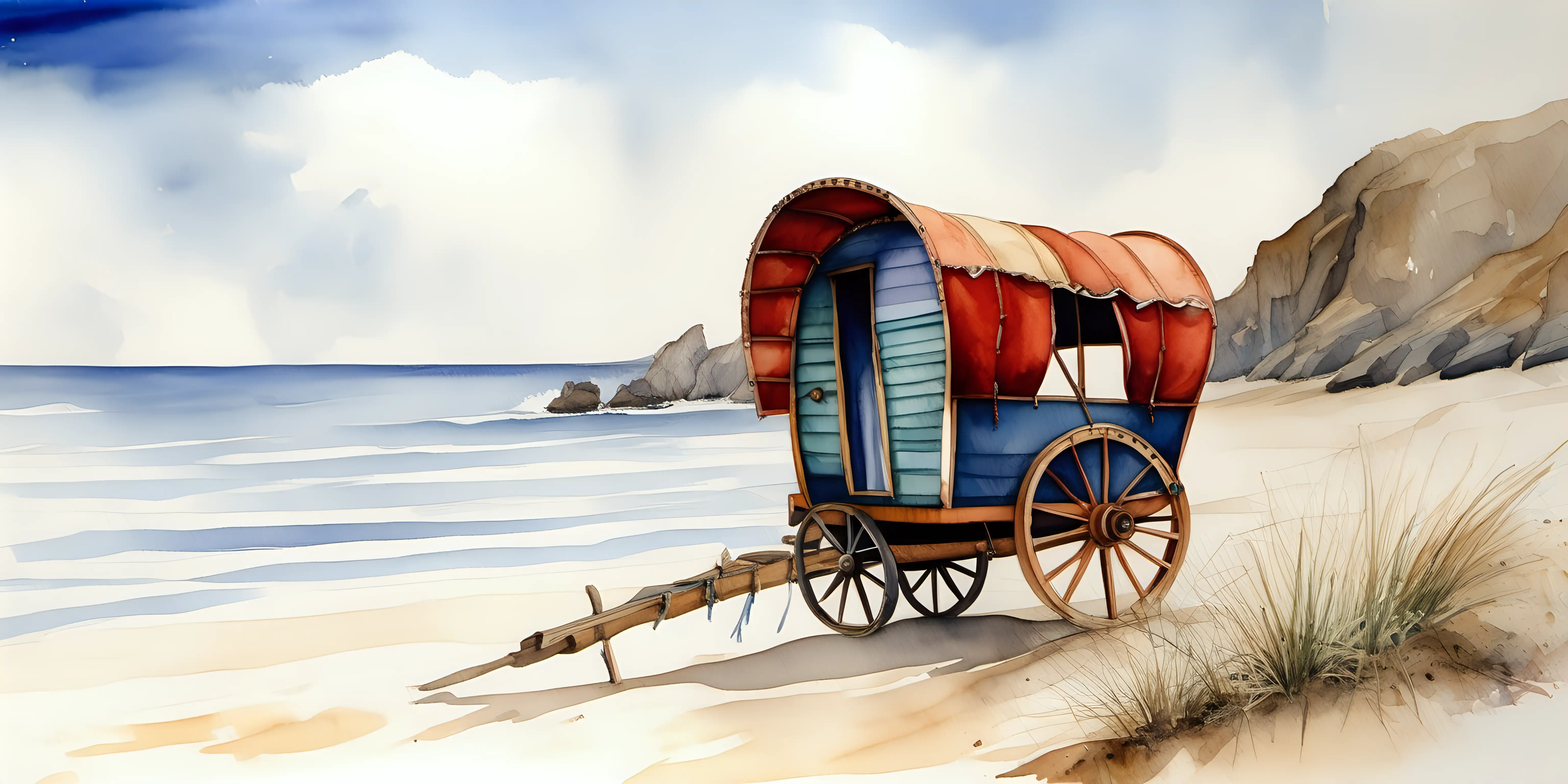 Romany Gypsy Wagon Watercolor Painting by the Seaside