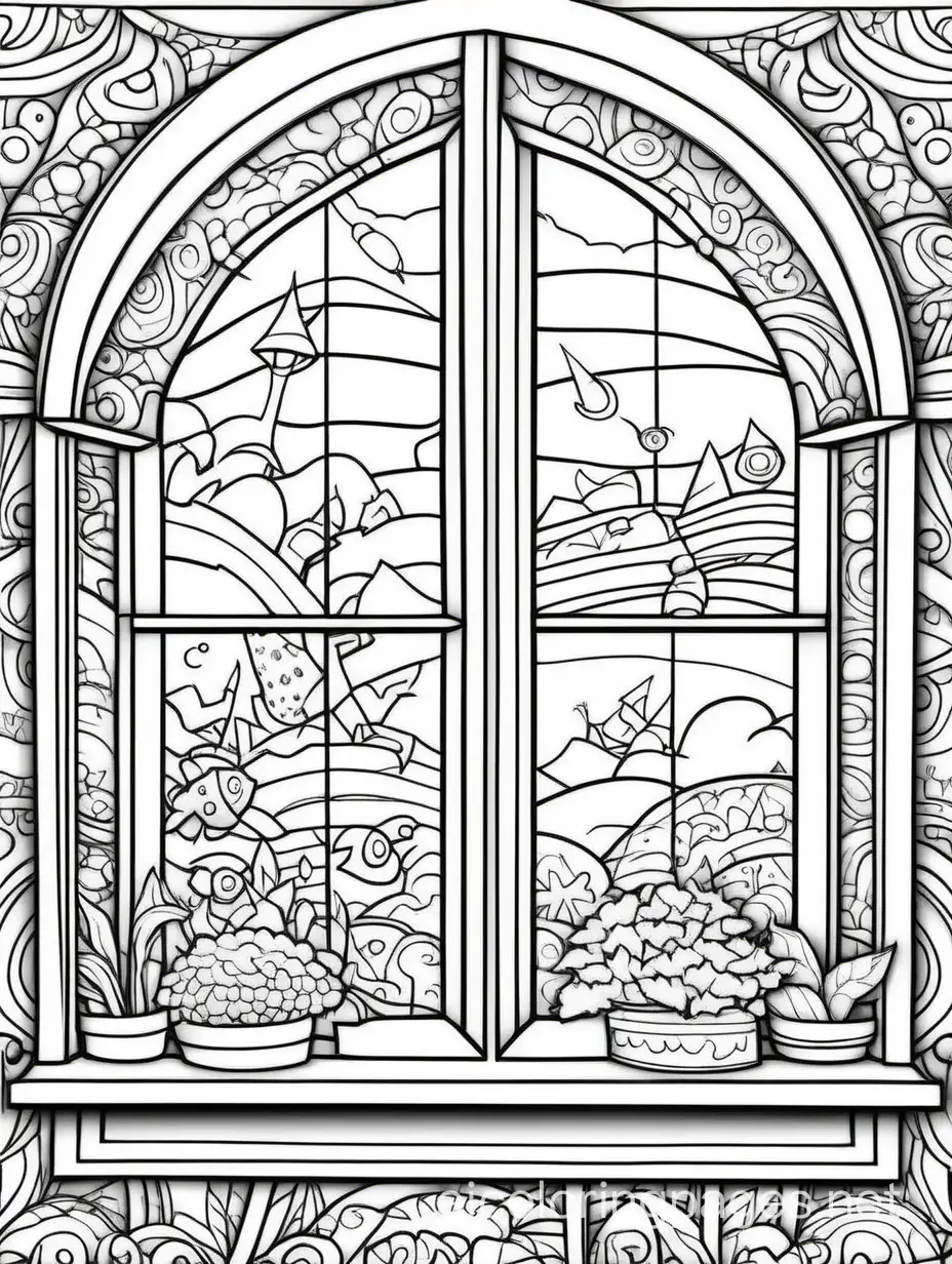 Window Art: Use the colored pages to create vibrant window art, bringing a touch of fantasy to the room., Coloring Page, black and white, line art, white background, Simplicity, Ample White Space. The background of the coloring page is plain white to make it easy for young children to color within the lines. The outlines of all the subjects are easy to distinguish, making it simple for kids to color without too much difficulty