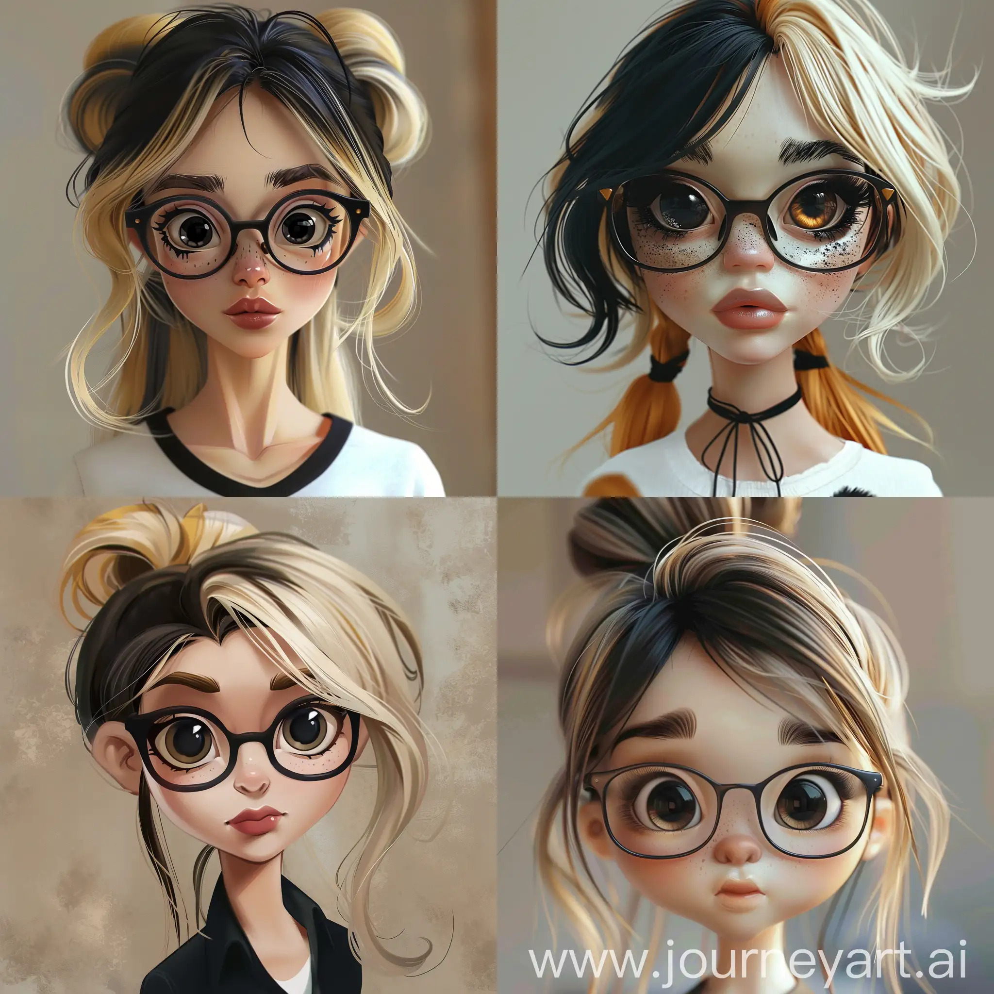 The architect's girl with a wheat face with a beautiful glasses and light blonde and black highlighted hair and big black eyes who has her hair in a ponytail.