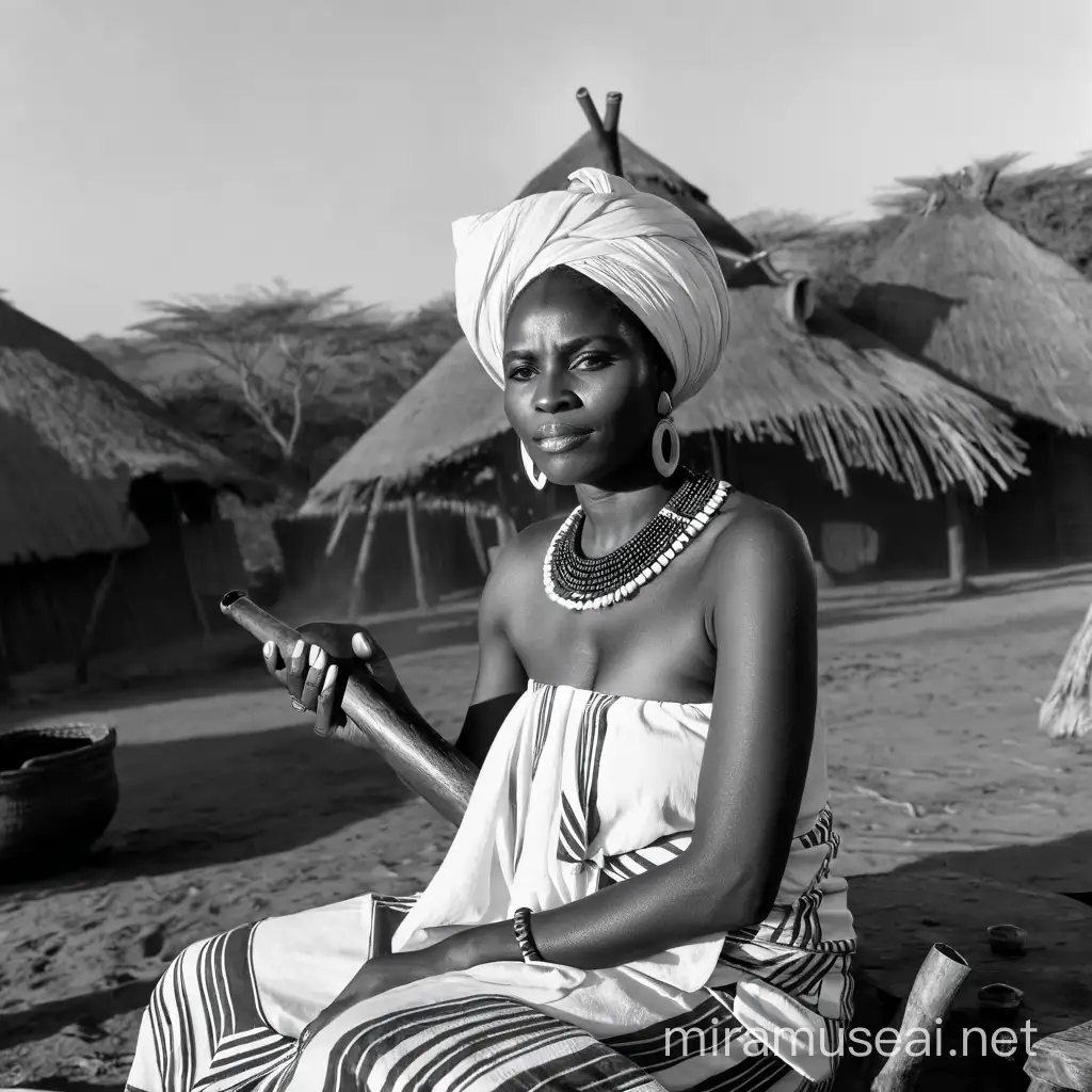 African Woman with Smoking Pipe in Front of Traditional Hut