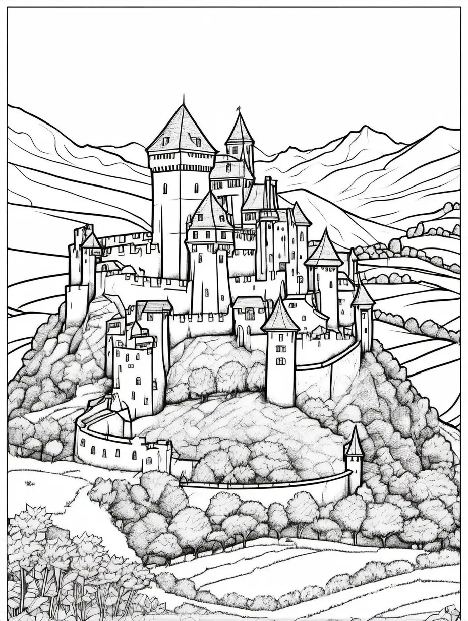 a french medeival castle on a hilltop overlooking a rural valley, Coloring Page, black and white, line art, white background, Simplicity, Ample White Space. The background of the coloring page is plain white to make it easy for young children to color within the lines. The outlines of all the subjects are easy to distinguish, making it simple for kids to color without too much difficulty
