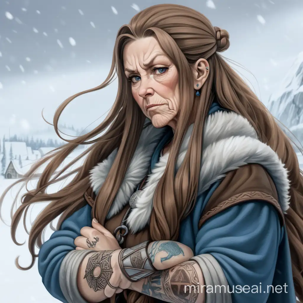 , older woman, soft expression, thick, brown long hair, tattos on arms, snowy background, vinland saga style, queen, beard, viking