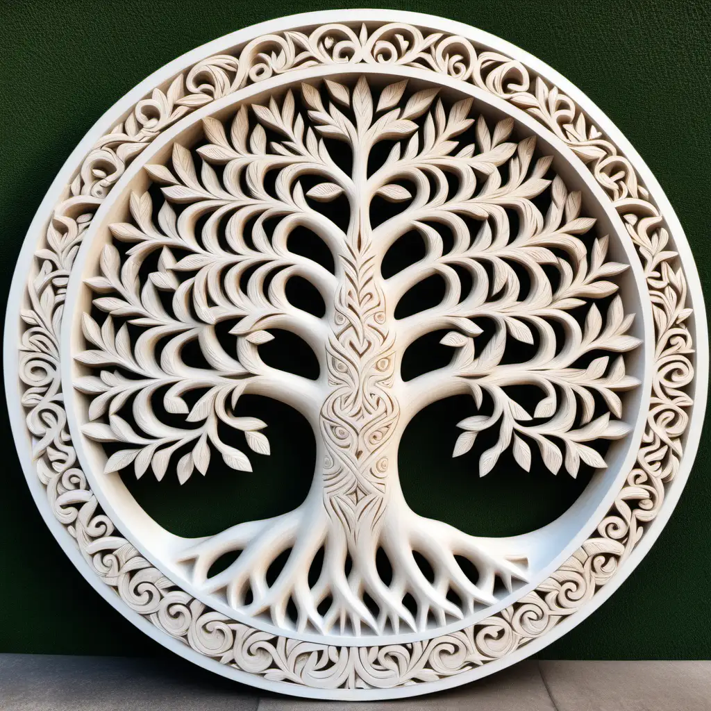 Whitewashed Tree of Life Wooden Carving Unique Round Shape