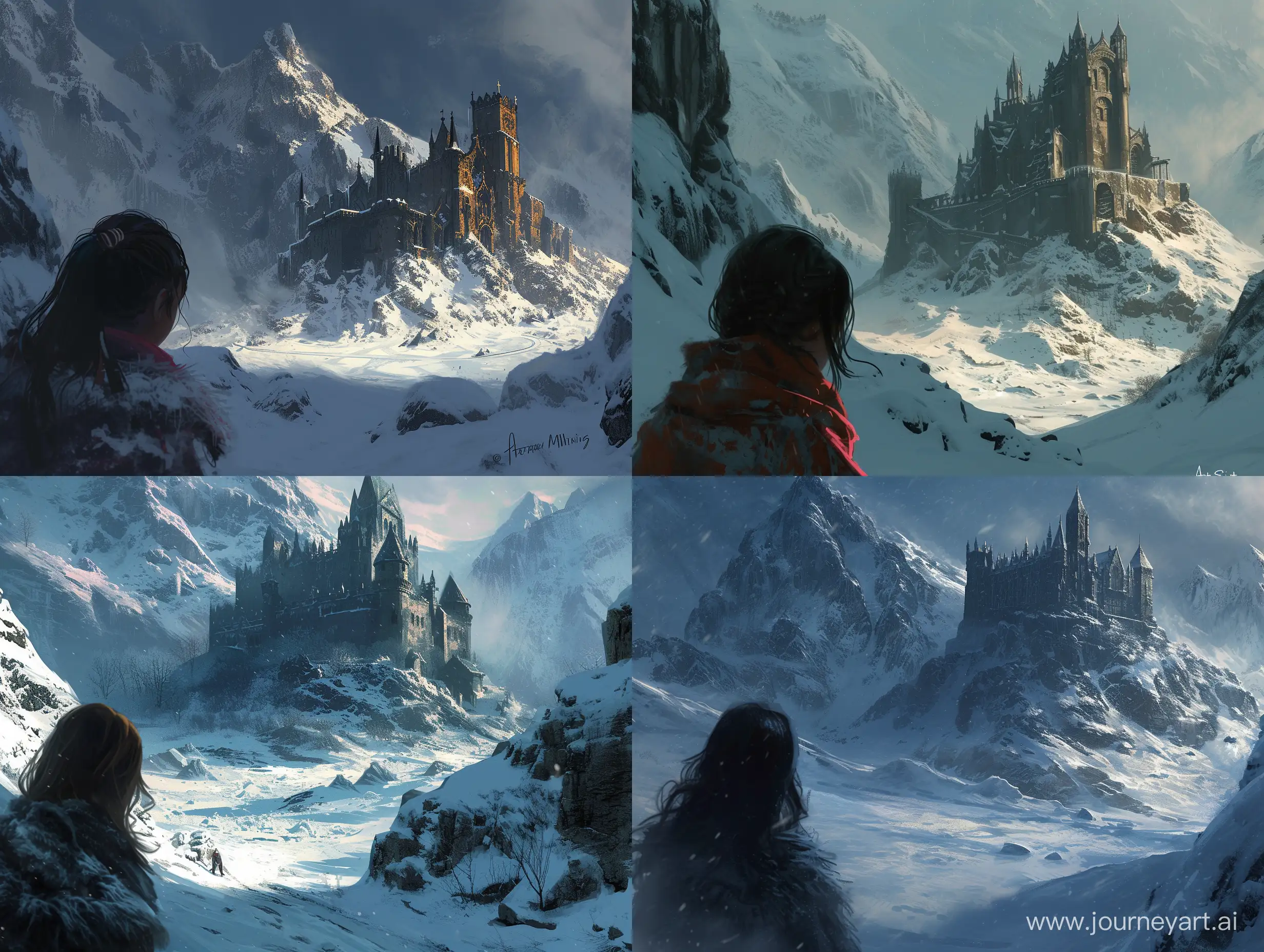 /imagine prompt:A snowy mountain landscape, winter landscape, nordic snowy landscape, with a gothic and a little bit barren castle in the back slightly overun by snow, concept art, artstation concept art trending, in the style of ruan jia, in the style of craig mullins, in the style of Feng Zhu Art, 4k concept art, foreground dark, cinematic lighting, a girl looking at the castle in the foreground in shadow, foreground dark mid ground medium and background light cinematic lighting formula, detailed concept art