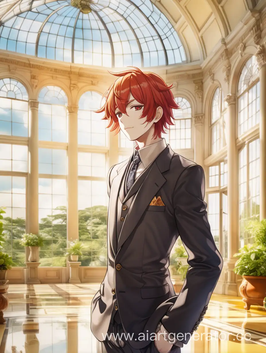Мужчина с красными волосами до плеч, классическая одежда. Фон оранжерея и большое окно до пола, солнечно. аниме.