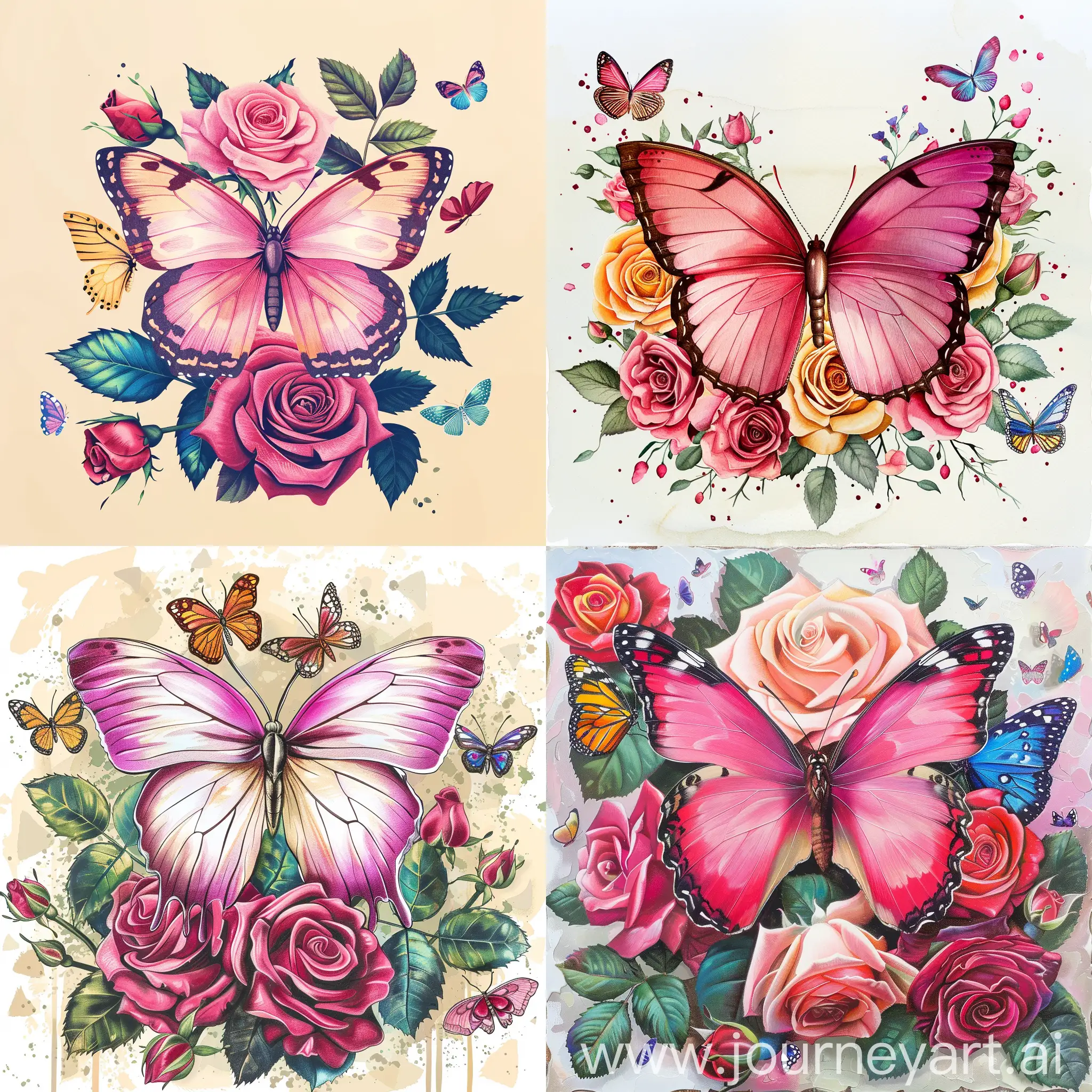 蝴蝶，粉红色，周边是蔷薇花，彩蝶纷飞，插画