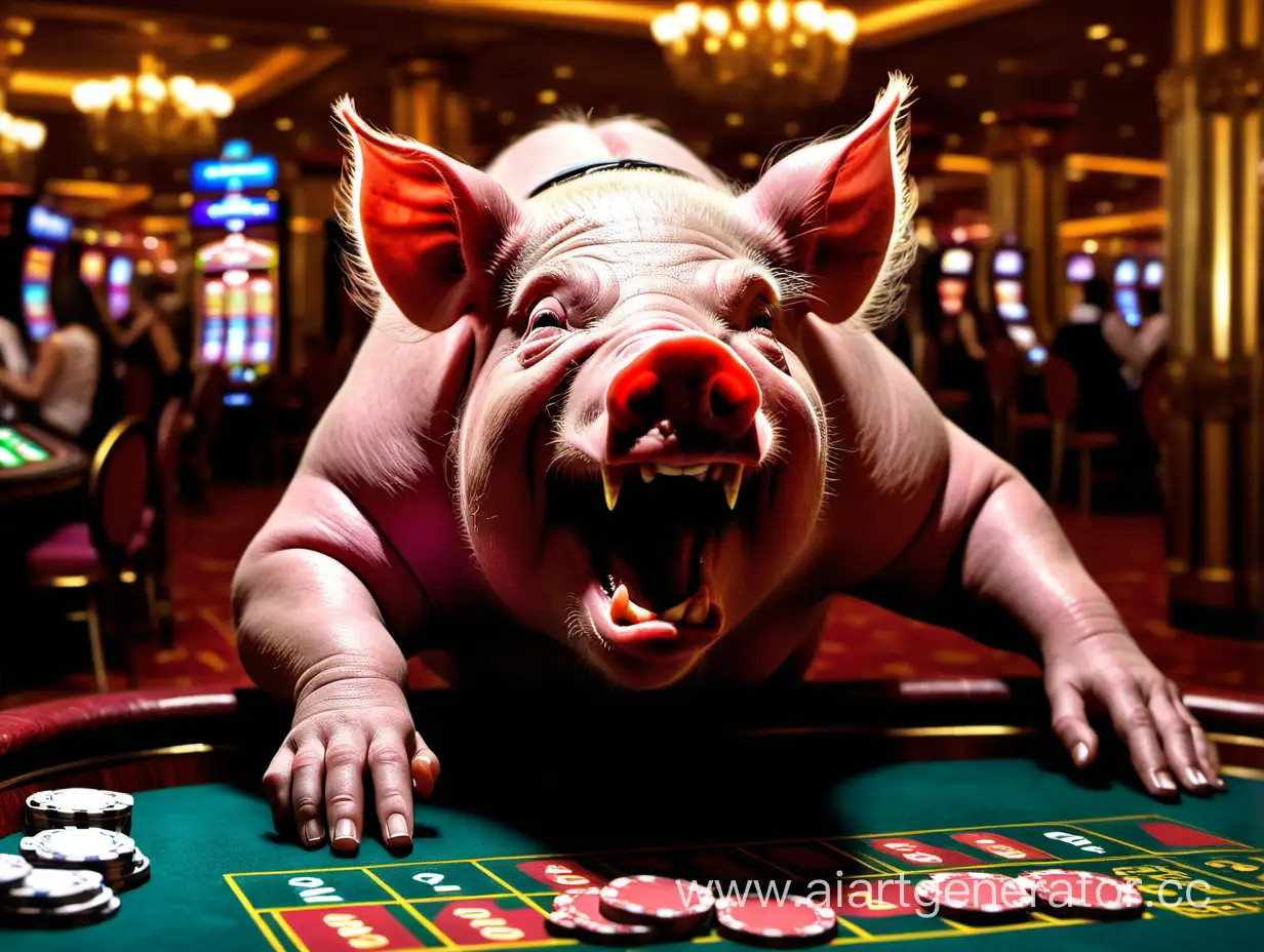 Screaming crazy pig in the casino