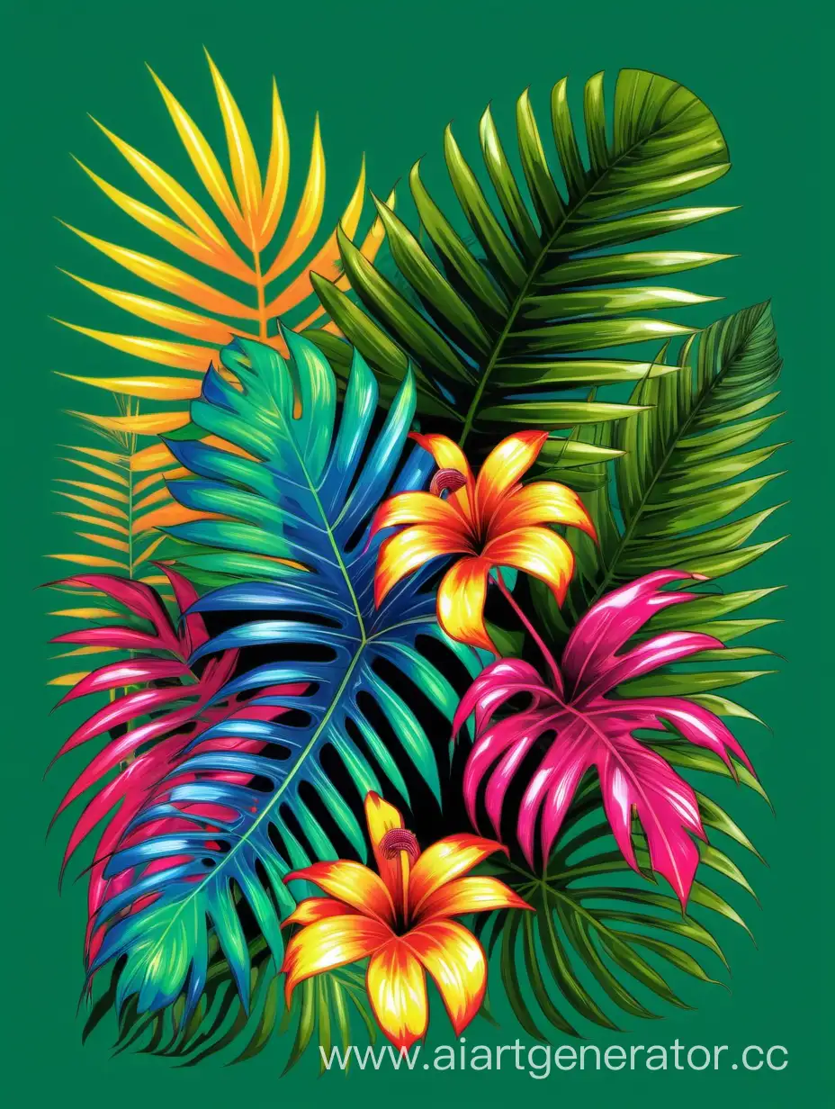 . "Tropical Fusion" with a vibrant and exotic mix of palm leaves and bright colors in the t-shirt design