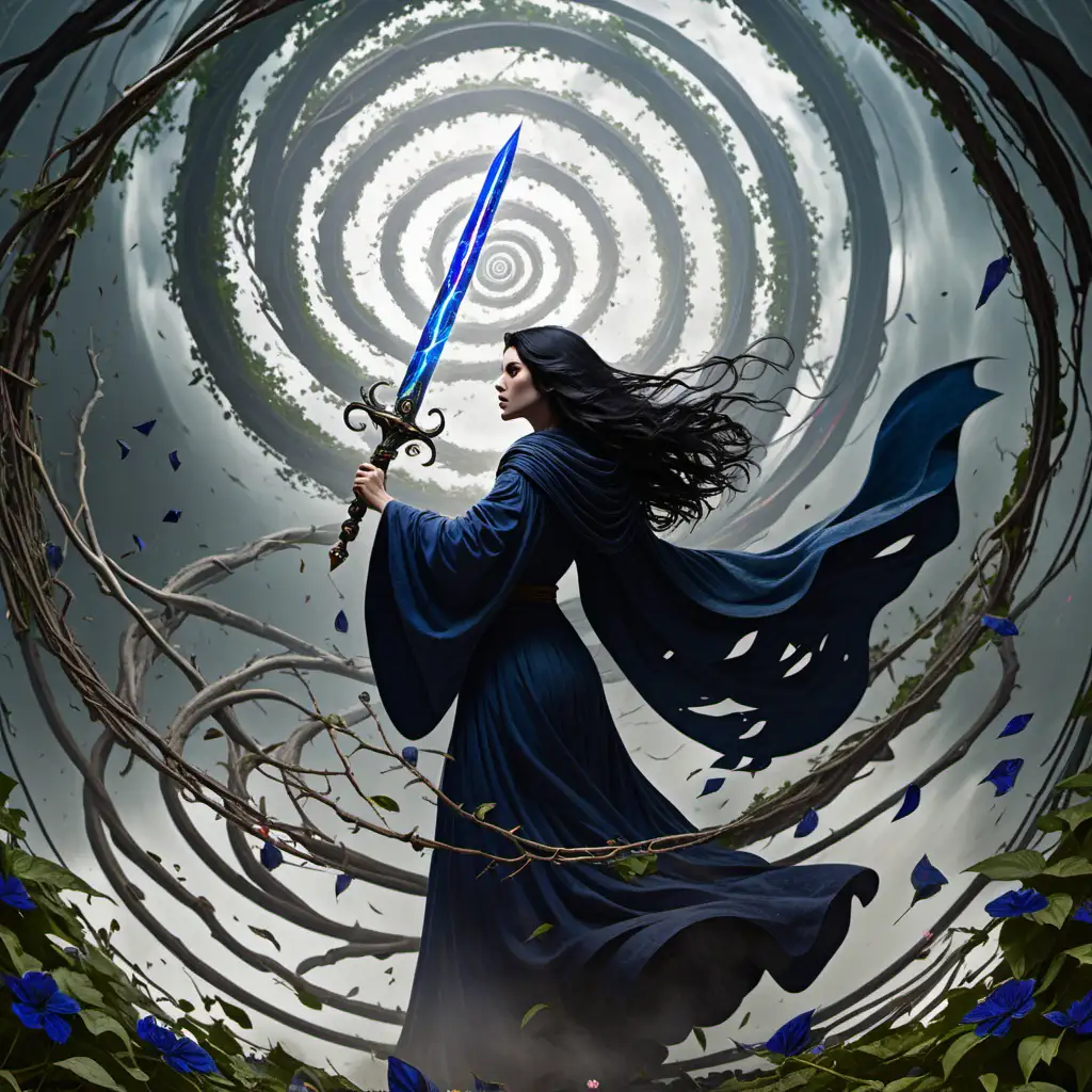 A dark-haired, gray-cloaked woman facing away.  She wields a lapis-colored, spiraling sword.  Whirling leaves in a tornado of air surround her.  They all are inside a huge, overhead dome made of branches, vines, and large flower blooms