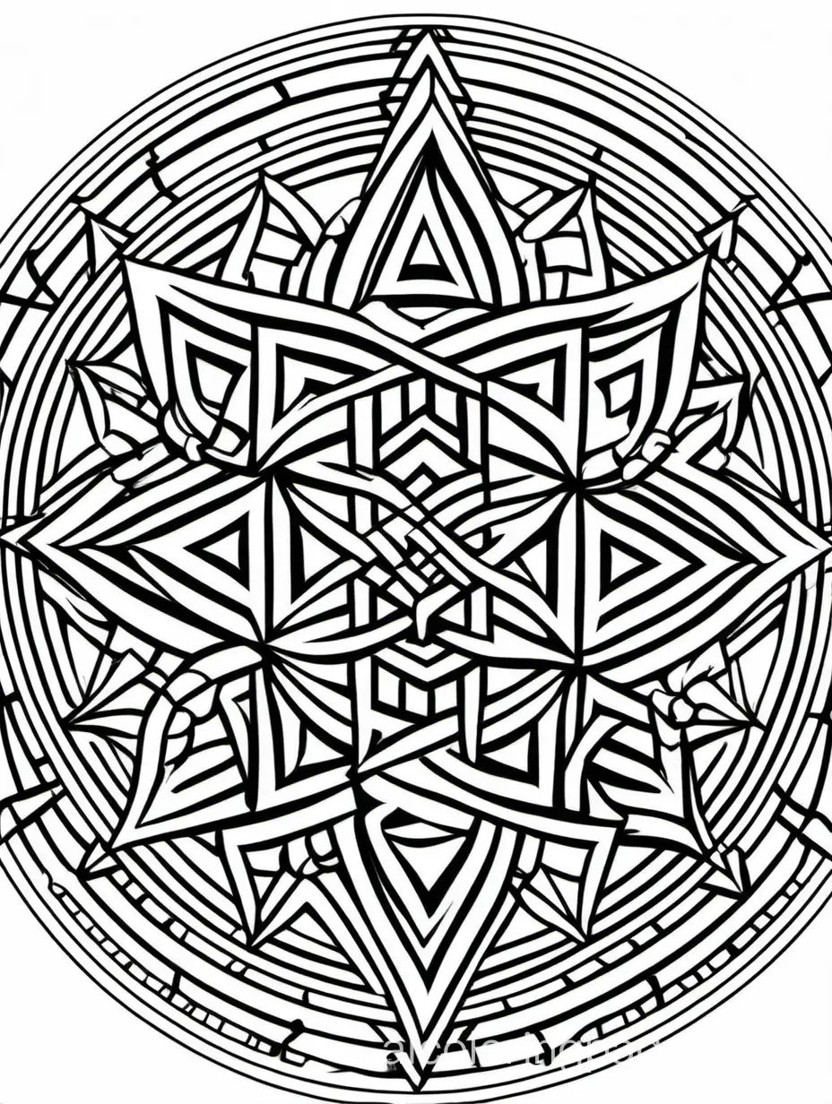 Create intricate geometric patterns inspired by religious symbolism and mystical traditions, such as the Flower of Life, Sri Yantra, or Islamic geometric patterns. Explore the spiritual significance of geometric shapes and their connection to the divine harmony of the universe., Coloring Page, black and white, line art, white background, Simplicity, Ample White Space. The background of the coloring page is plain white to make it easy for young children to color within the lines. The outlines of all the subjects are easy to distinguish, making it simple for kids to color without too much difficulty