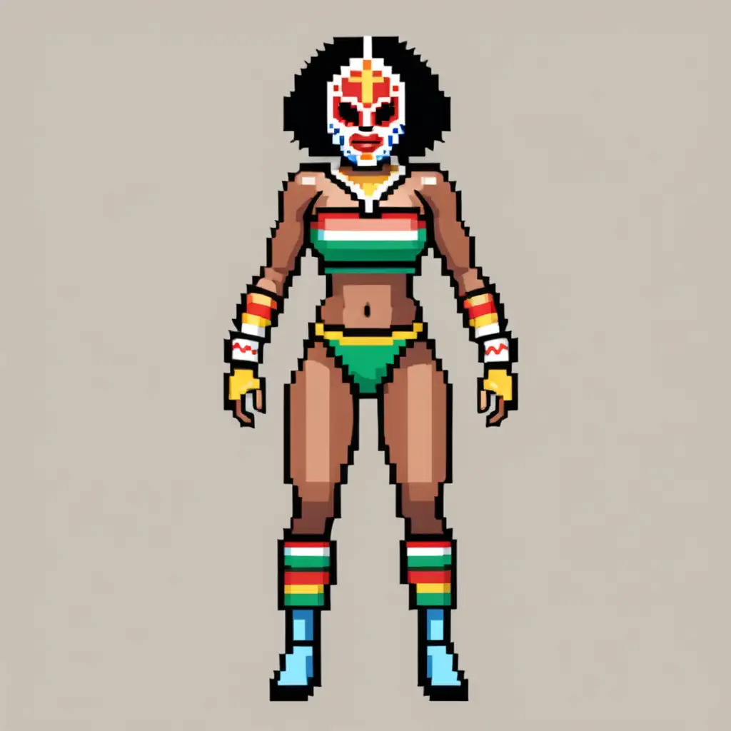 crear una mujer africana de ghana,  luchadora mexicana, estilo del traje clasico con mascara ,   con cuerpo delgado , con pixel art 8 bits, sin guantes 