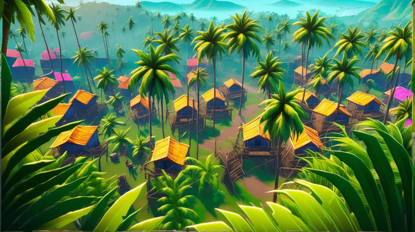 Looking down on a vibrant jungle from a hill with mud huts and palm trees fortnite style