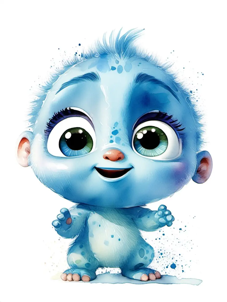 Cute Baby Blue Pixar Character in Watercolor on White Background