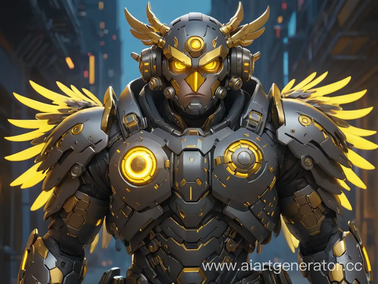 Cyborg Kazakh in futuristic armor with neon yellow backlight and with a golden eagle robot on his shoulder in the style of the game overwatch 2. Make it a little cartoon