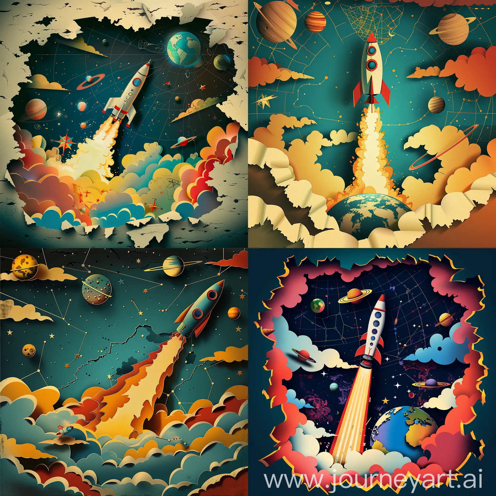 torn paper, paper craft in bright primary colors with sharp highlights, of a fantastical whimsical 1950s rocket ship sleek and streamlined taking off in billowing glowing cloud from earth for a journey into space with upper part of the artboard getting darker as it goes to outer space, with stars, comets, planets, map of the cosmos, shadows, depth, dimension