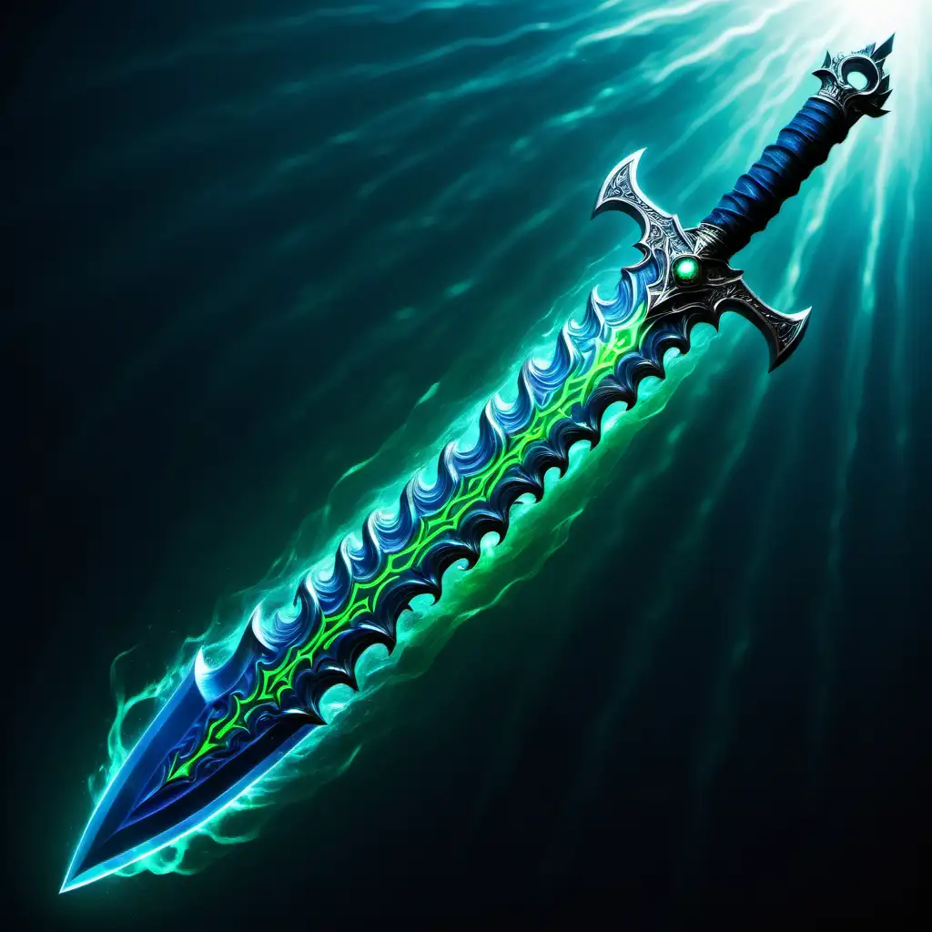 A deep blue, luminous sword with bright, glowing green writing and veining running its length.  It has serrated edges like ocean waves in the middle of the shaft.