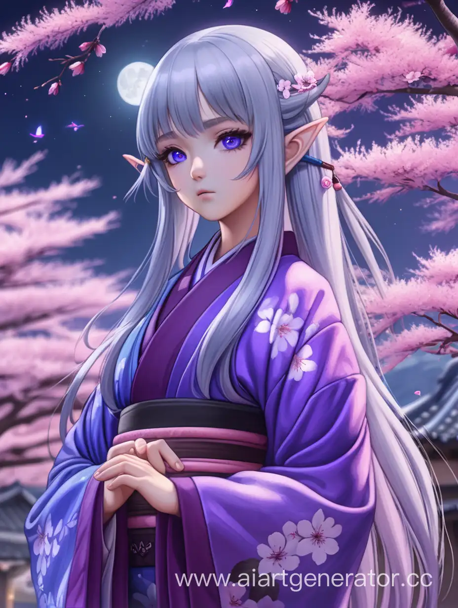 elf girl with gray hair one eye blue color second eye purple with long hair in purple kimono stands at night under a cherry blossom tree with a serious face
