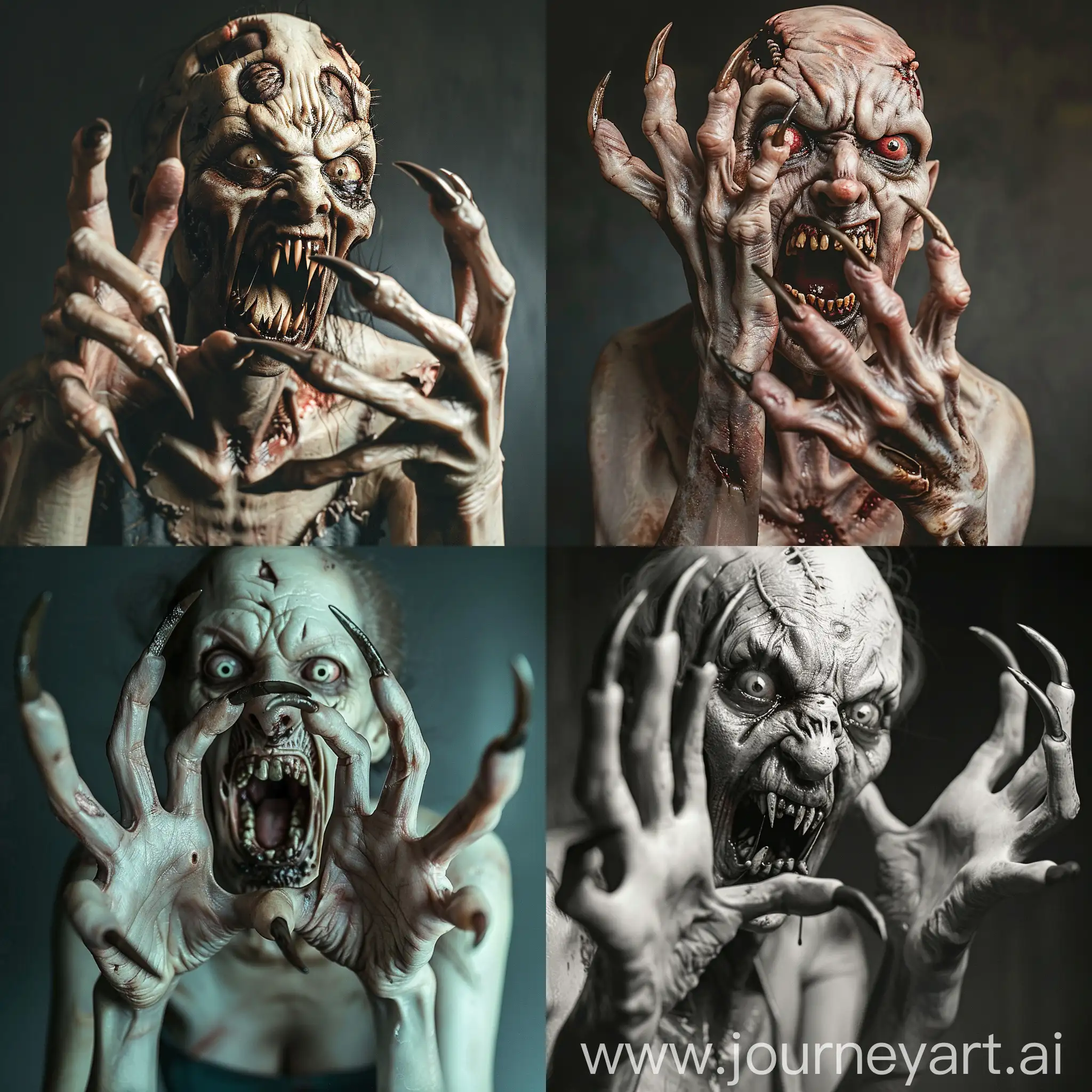 "Describe a zombie woman in a dynamic pose for a horror scene. She has long, curved pointed nails resembling claws on her five fingers. Her skin is pale and appears rotten. Her eyes are vacant and her mouth is wide open, revealing a row of sharp, pointed teeth that are similar to fangs. Please provide a detailed and vivid description."