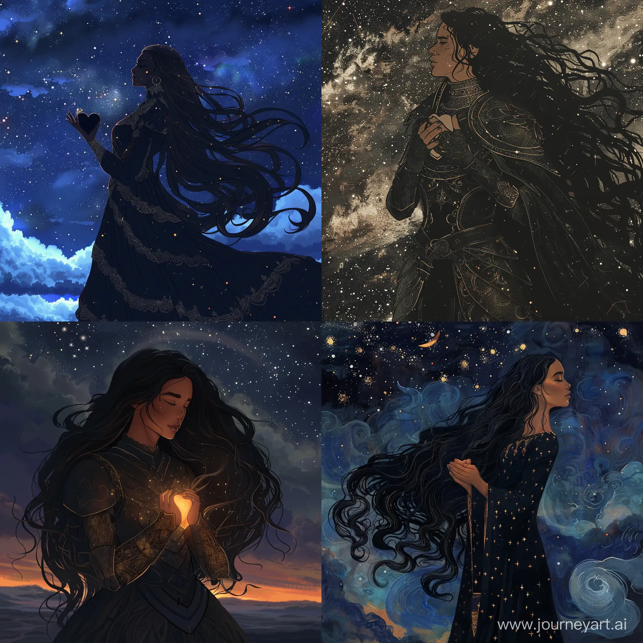 Black long haired female warrior holding her heart in her hands on a starry night sky.