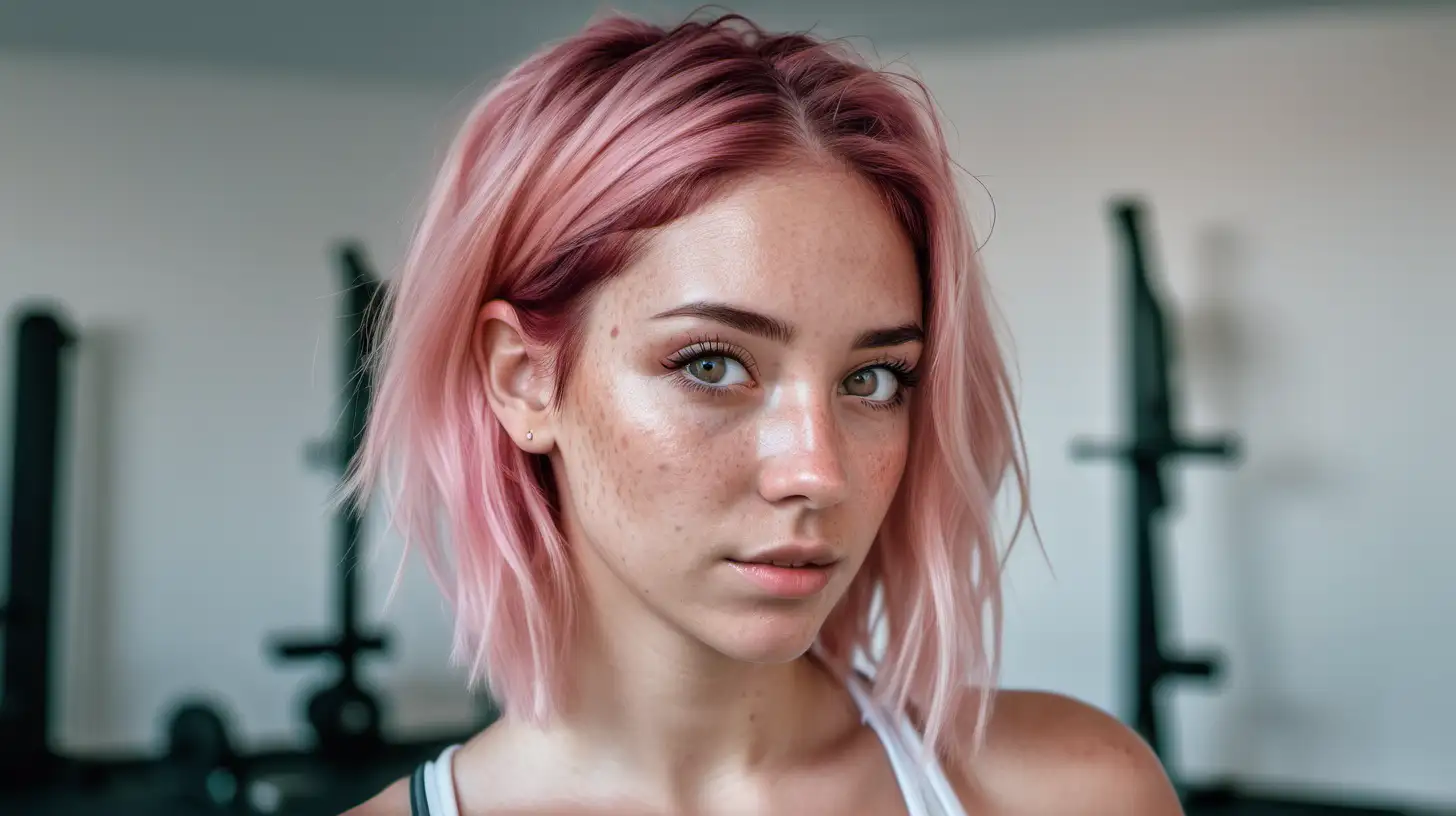 full shot of a beautiful woman with pink hair, hair roots slightly faded, spanish, influencer, very light freckles, light brown eyes, gym