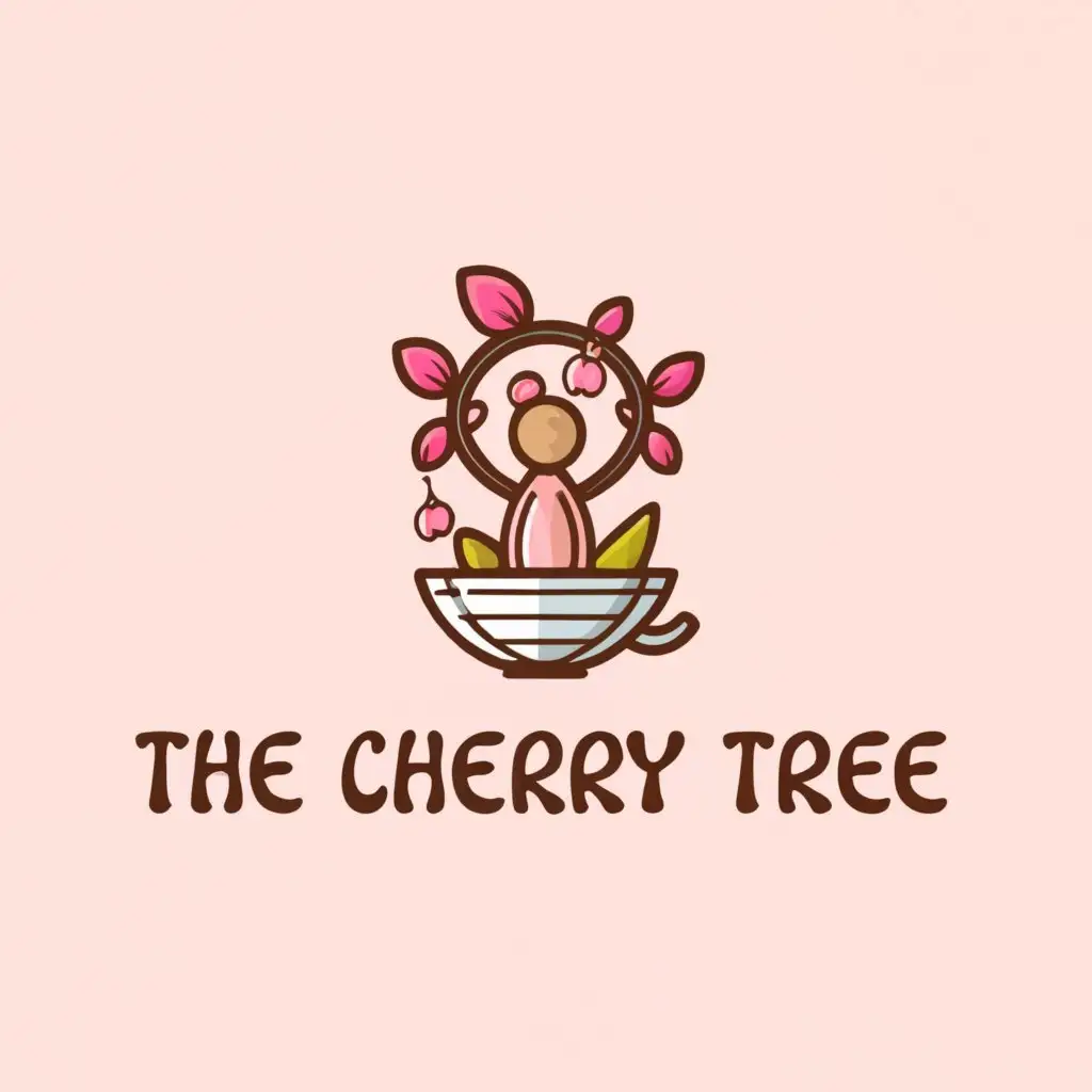a logo design,with the text "THE CHERRY TREE", main symbol:create a stylized symbol and simplifying elements by uniting a cup of coffee with a cherry tree and a girl drinking in pink and black colors,Minimalistic,be used in Restaurant industry,clear background