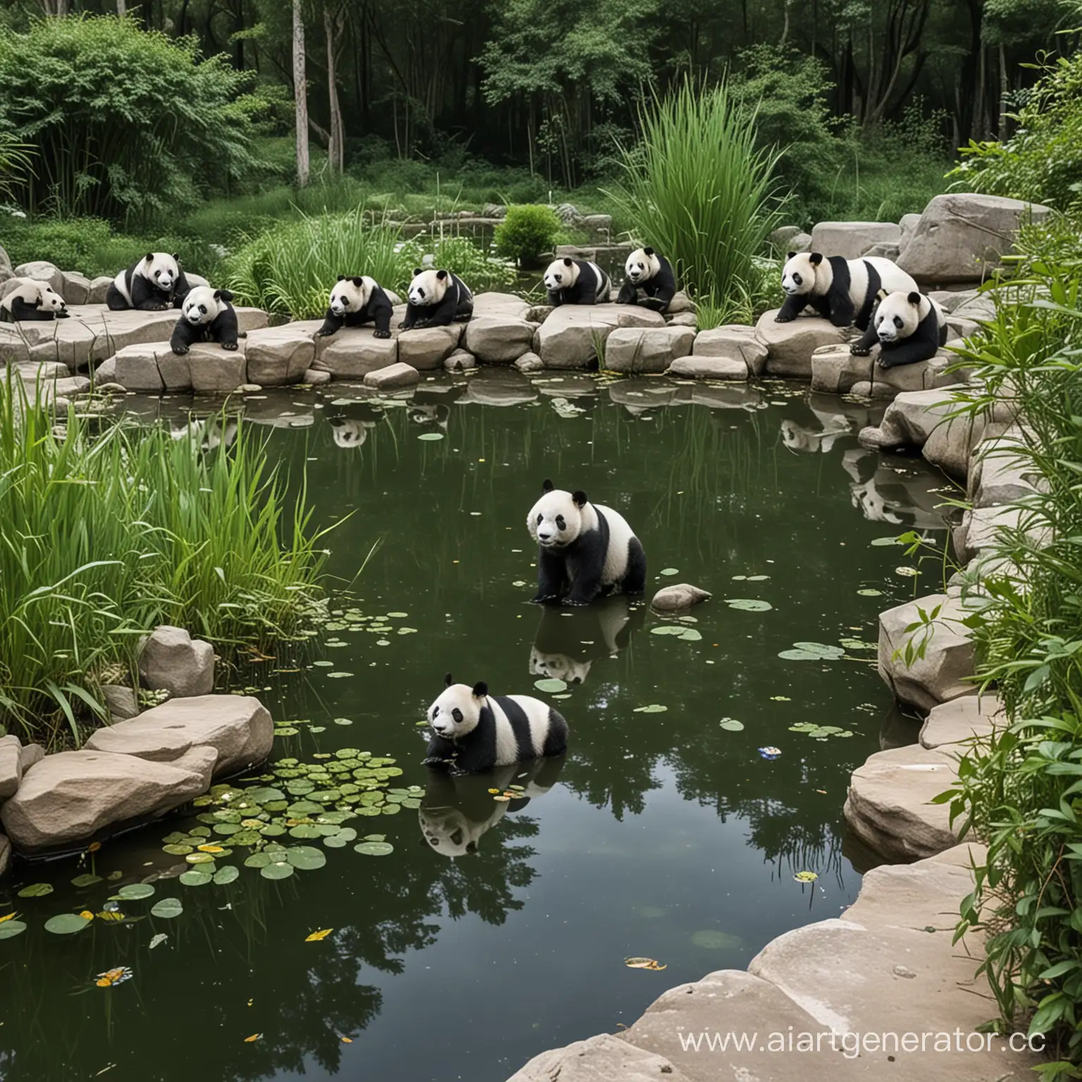 Tranquil-Pond-Scene-with-Playful-Pandas