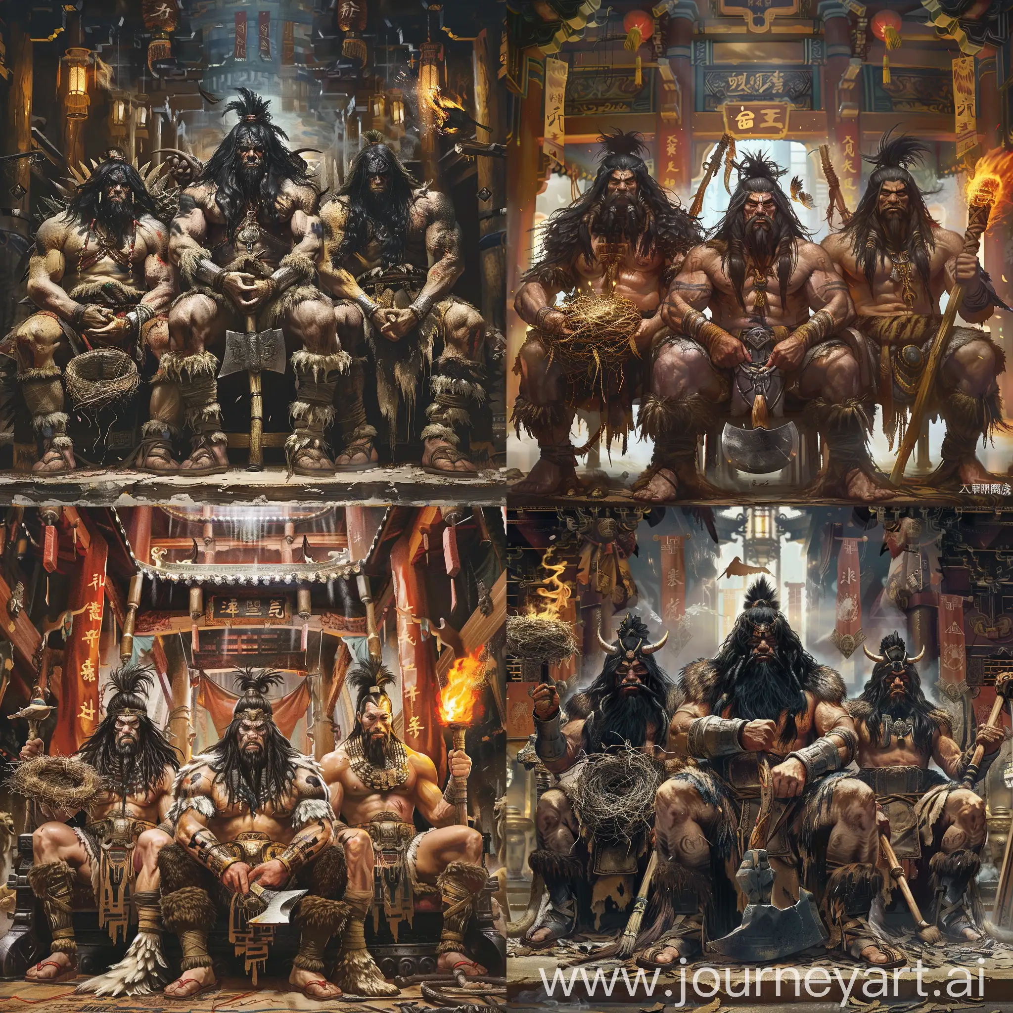 three muscular strong Chinese prehistoric tribe chefs with long black hair, long black beard, in animal skin clothes, are sitting on their thrones,

the first left one has a bird nest in his hands, but without birds,

the second middle one has a big steel axe in his hands,

the third right one in has a wooden torch in fire in his hands,

they are all inside a Chinese Palace,