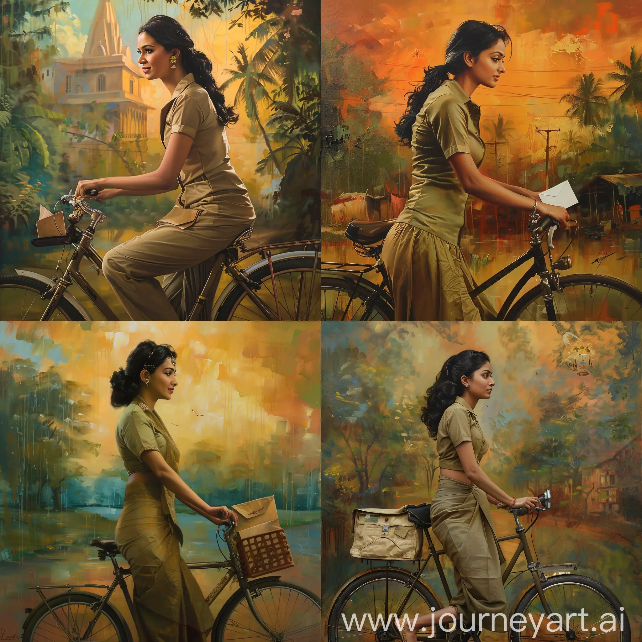 A hyperrealistic painting of a very beautiful elegant attractive Kerala Postwoman, delivering letters on a bicycle, wearing khaki kurta and churidar bottom, waist shot, half body portrait, side profile angle shot, baroque vivid colored Kerala rural background