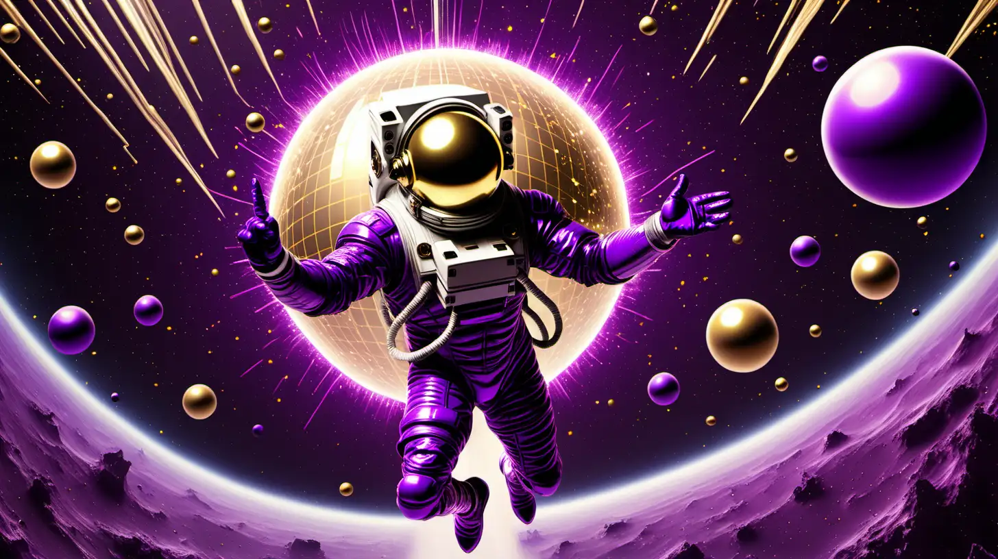 An futuristic spaceman celebrates the New Years Eve ball drop in space. The graphic is purple with gold undertones 